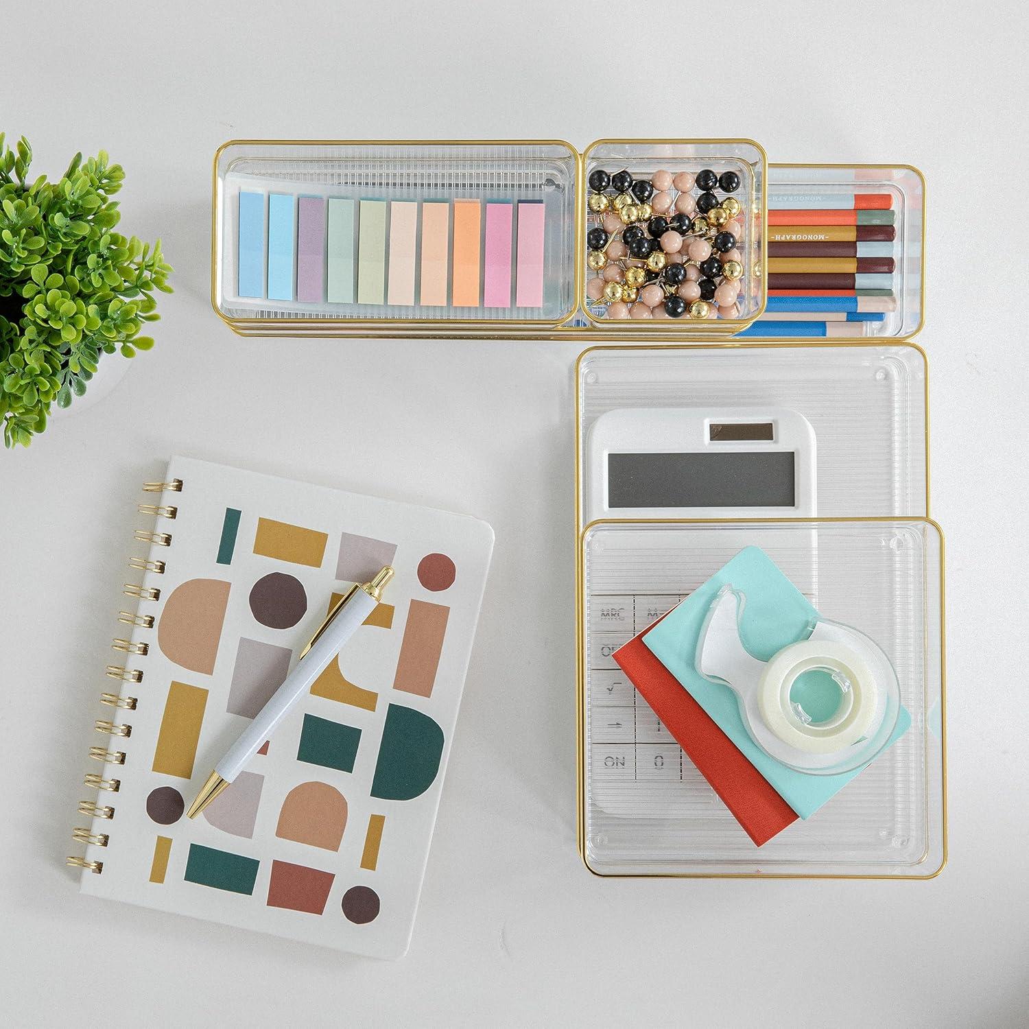 imageMartha Stewart Miles Plastic Stackable Office Desk Drawer Organizers Set of 6 ClearClearGold Trim
