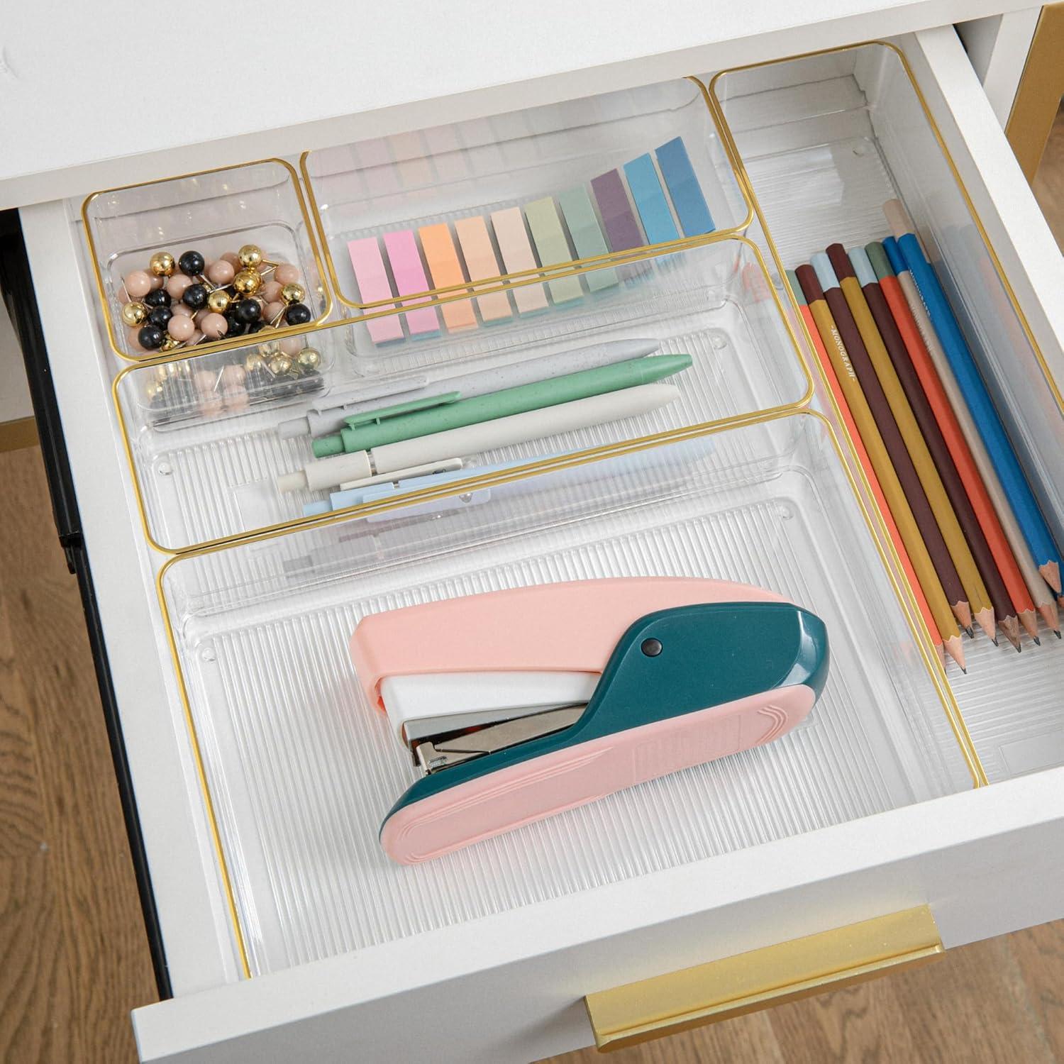 imageMartha Stewart Miles Plastic Stackable Office Desk Drawer Organizers Set of 6 ClearClearGold Trim