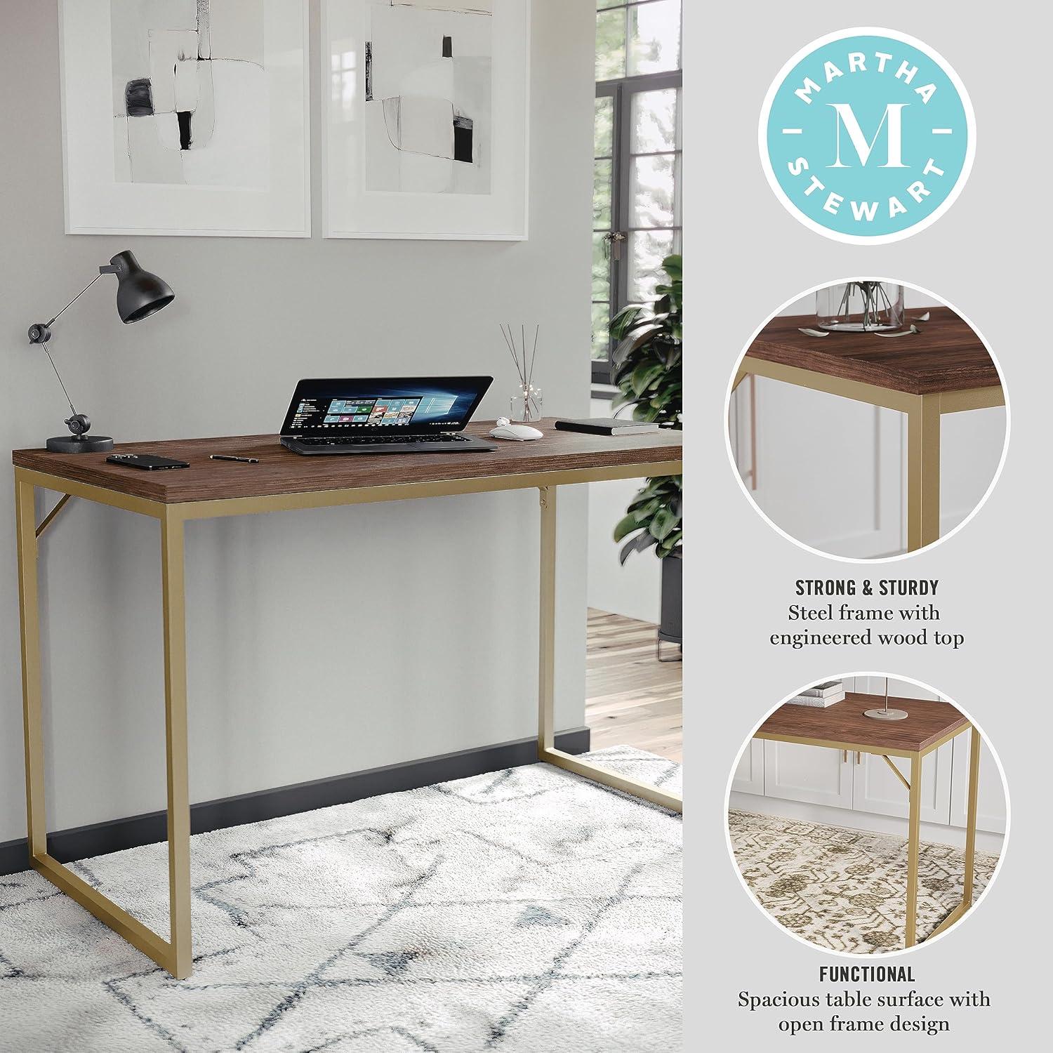 imageMartha Stewart Noah Home Office Parsons Desk in Gray Wood Grain with Oil Rubbed Bronze Metal FrameWalnut TopPolished Brass Frame