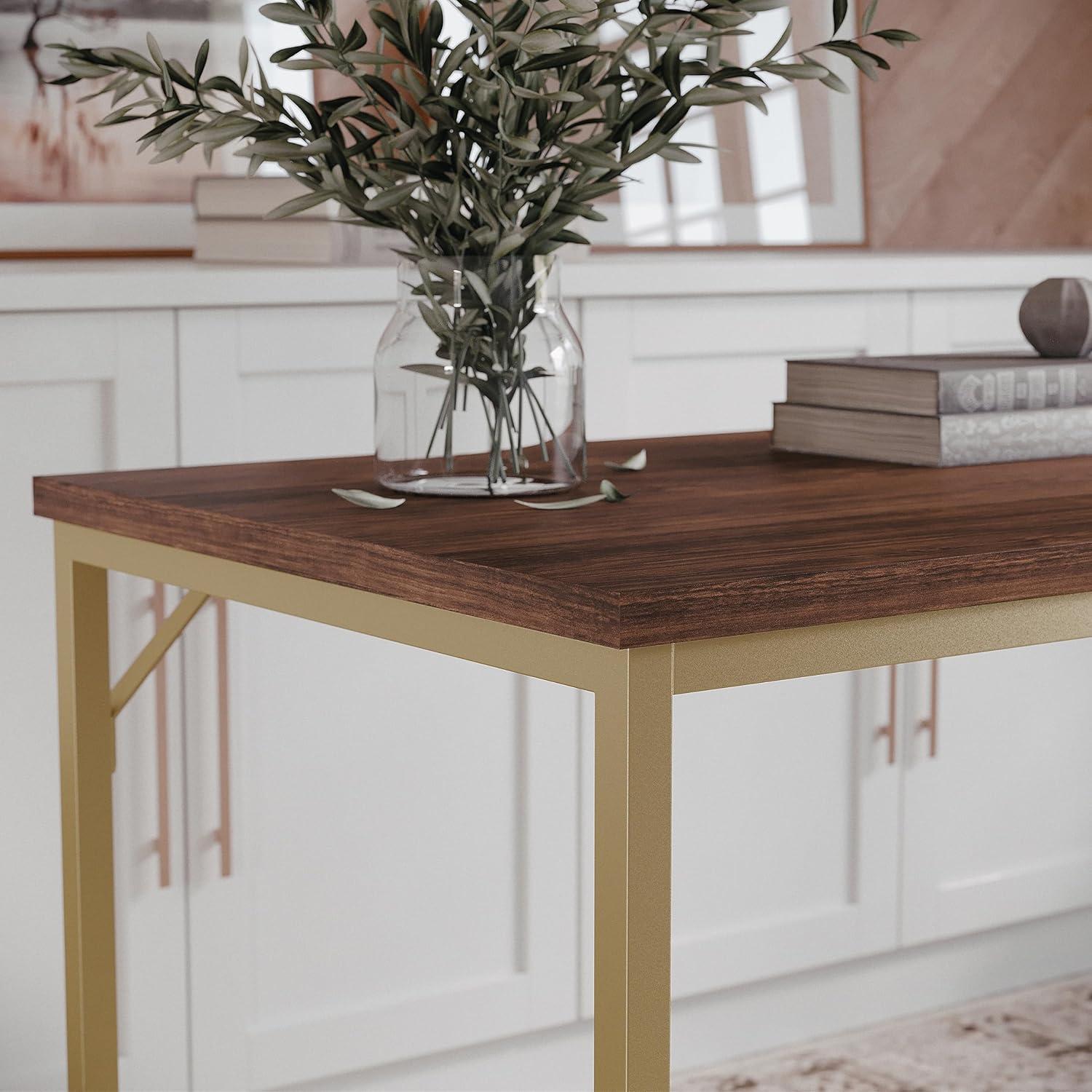 imageMartha Stewart Noah Home Office Parsons Desk in Gray Wood Grain with Oil Rubbed Bronze Metal FrameWalnut TopPolished Brass Frame