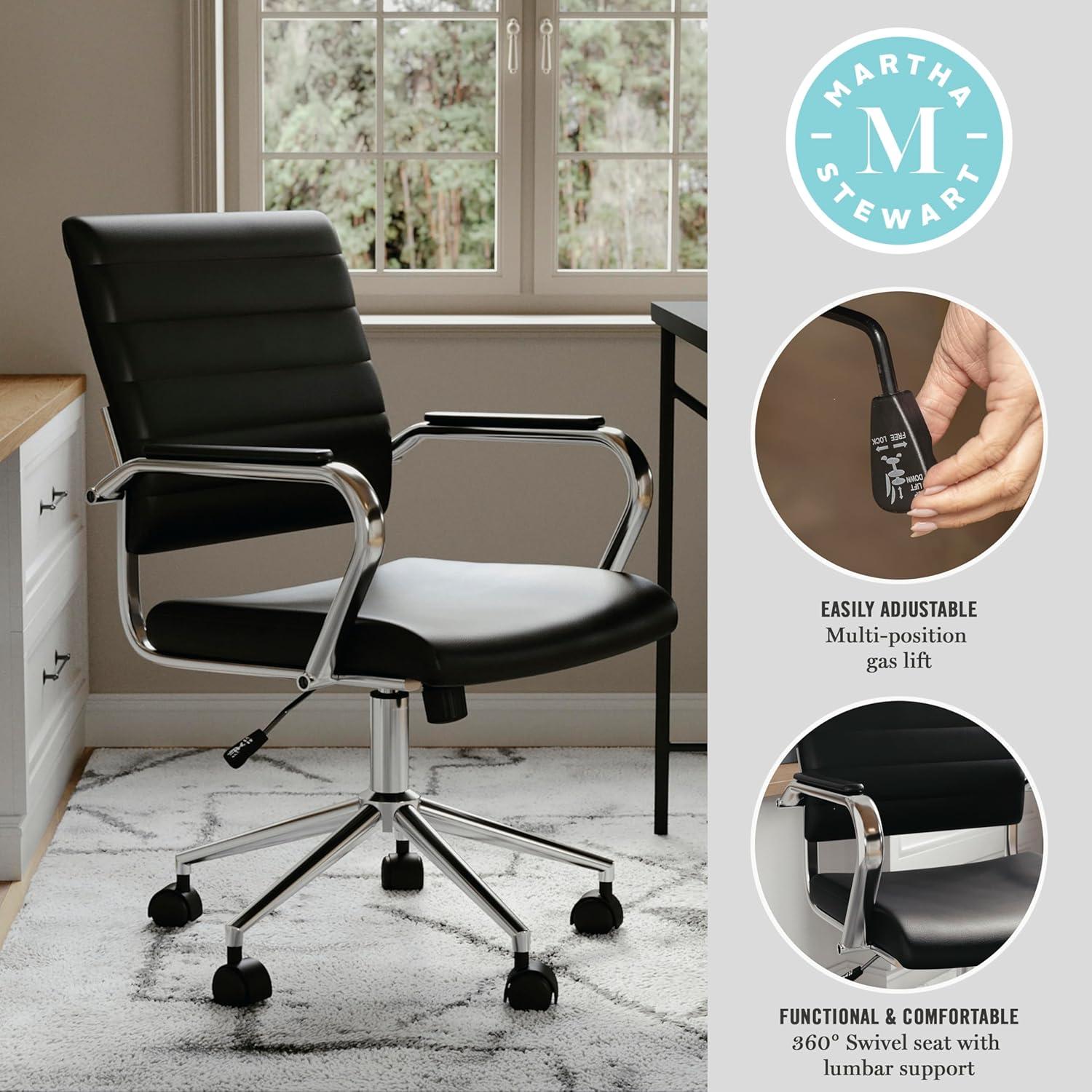 imageMartha Stewart Piper Swivel Task Chair with Armrests for Home Office in Saddle Brown Faux Leather with Polished Nickel FrameBlack Faux LeatherPolished Nickel