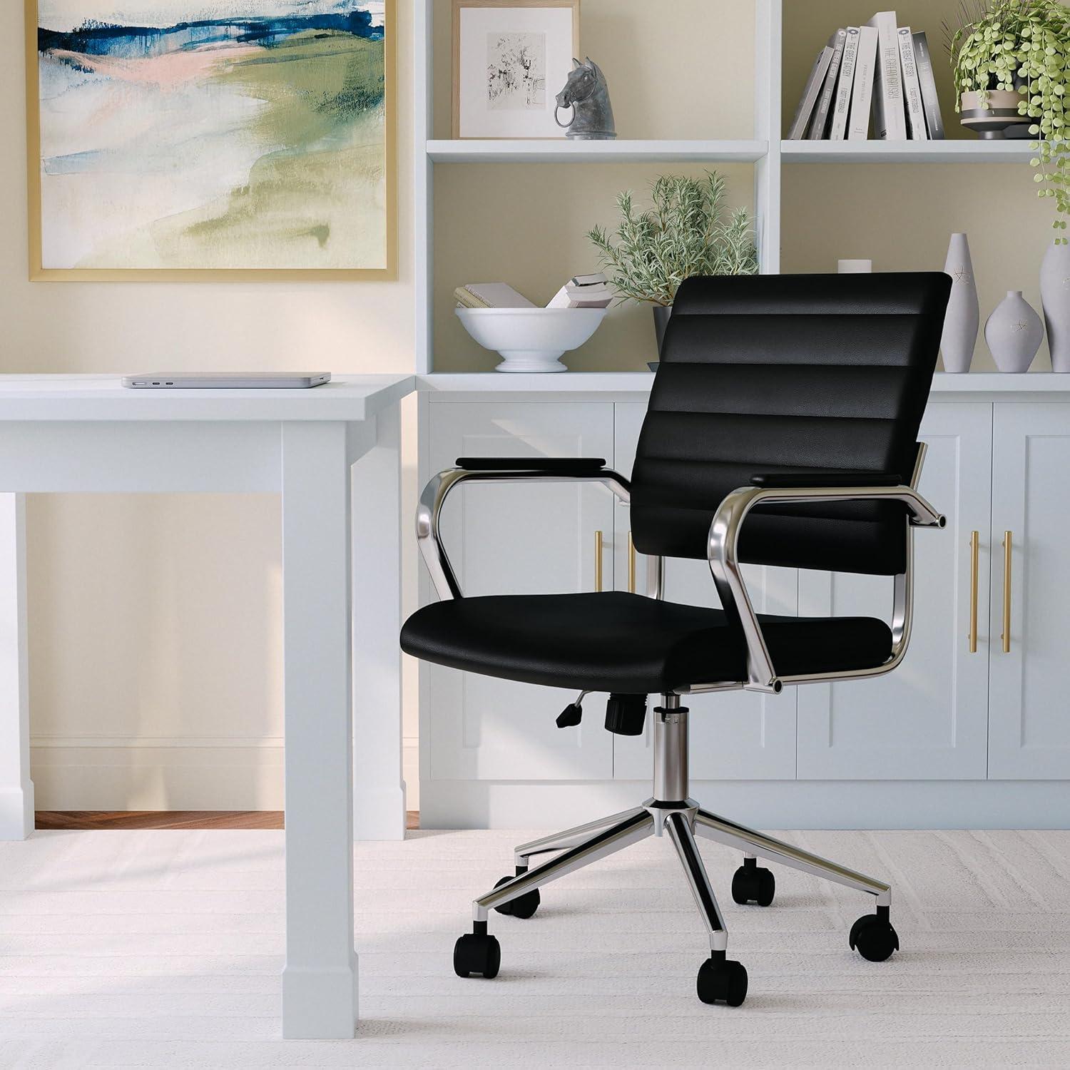 imageMartha Stewart Piper Swivel Task Chair with Armrests for Home Office in Saddle Brown Faux Leather with Polished Nickel FrameBlack Faux LeatherPolished Nickel