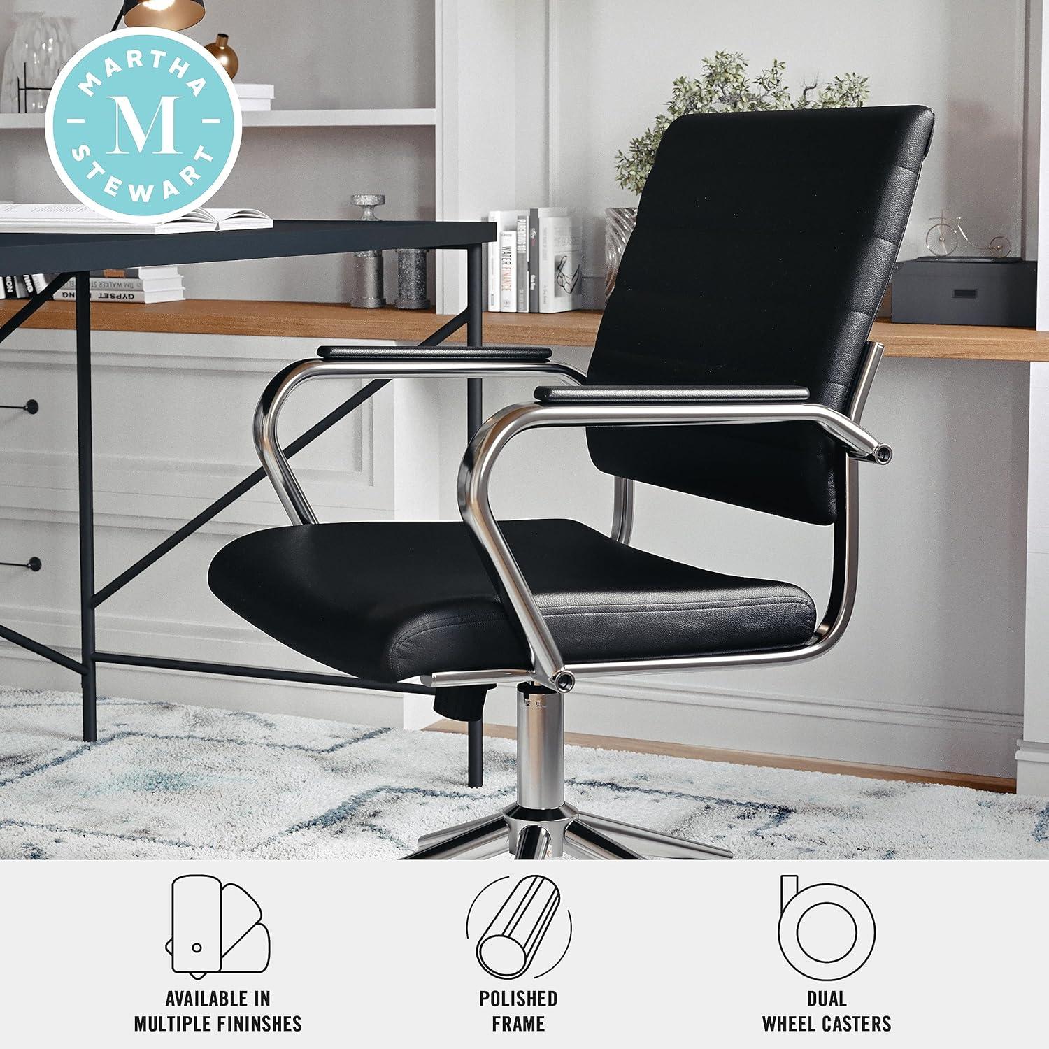 imageMartha Stewart Piper Swivel Task Chair with Armrests for Home Office in Saddle Brown Faux Leather with Polished Nickel FrameBlack Faux LeatherPolished Nickel