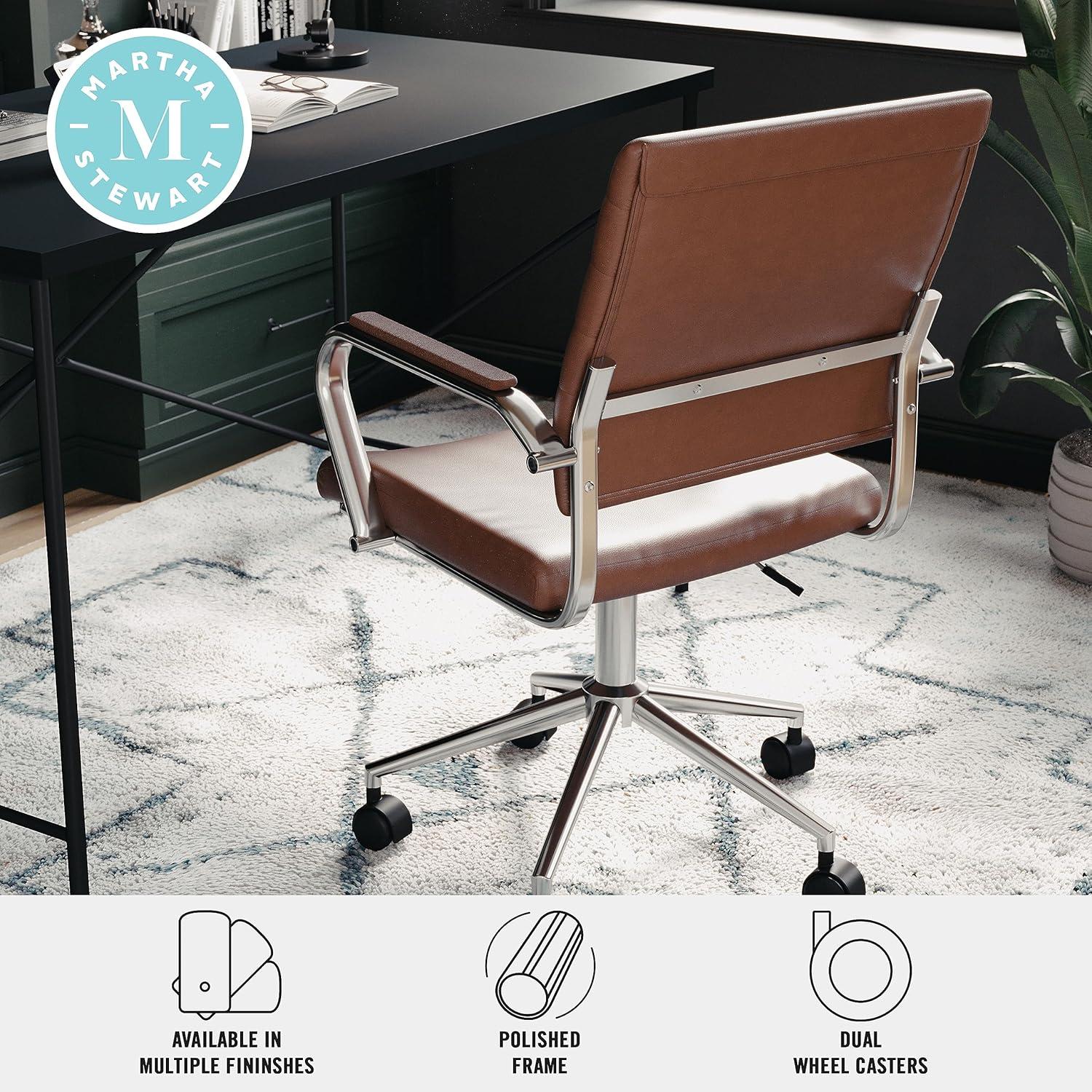 imageMartha Stewart Piper Swivel Task Chair with Armrests for Home Office in Saddle Brown Faux Leather with Polished Nickel FrameSaddle Brown Faux LeatherPolished Nickel