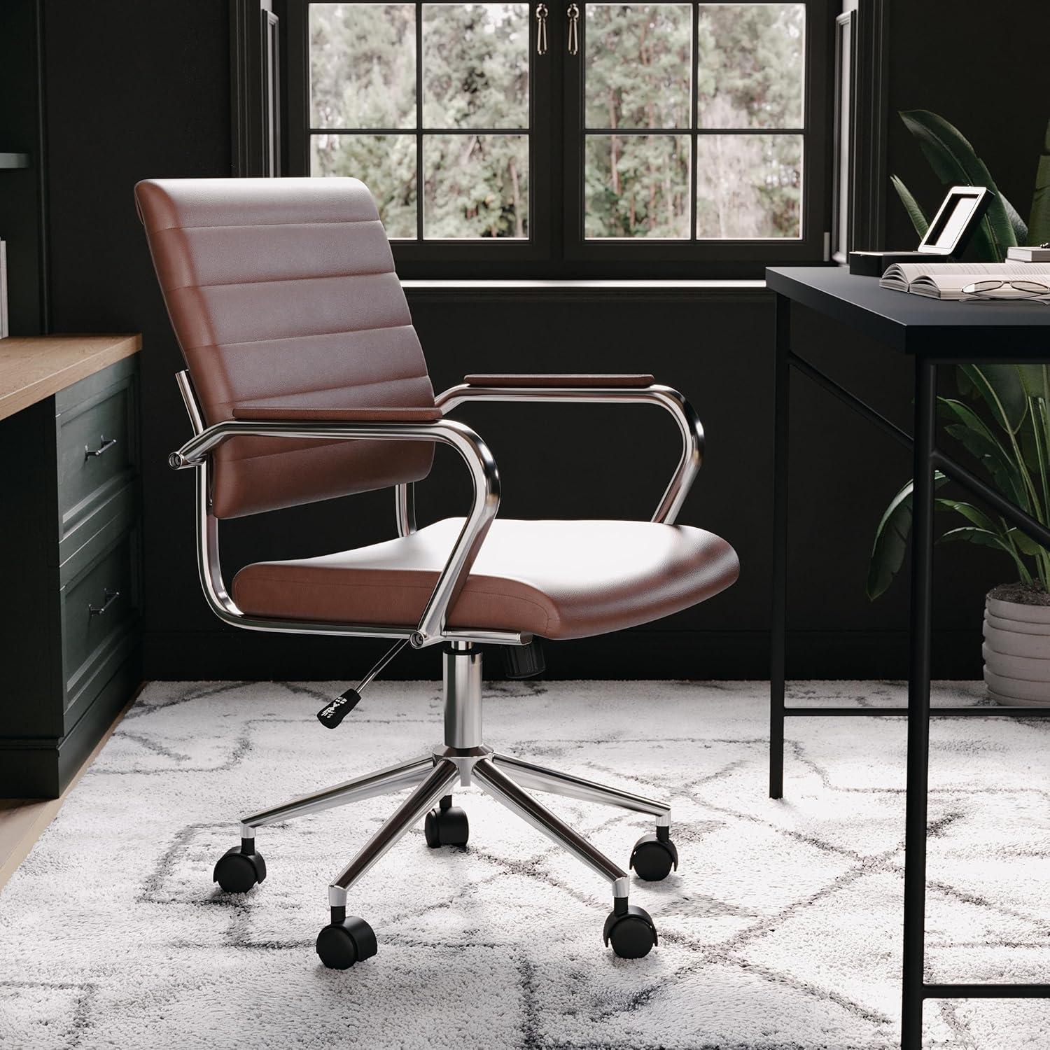 imageMartha Stewart Piper Swivel Task Chair with Armrests for Home Office in Saddle Brown Faux Leather with Polished Nickel FrameSaddle Brown Faux LeatherPolished Nickel