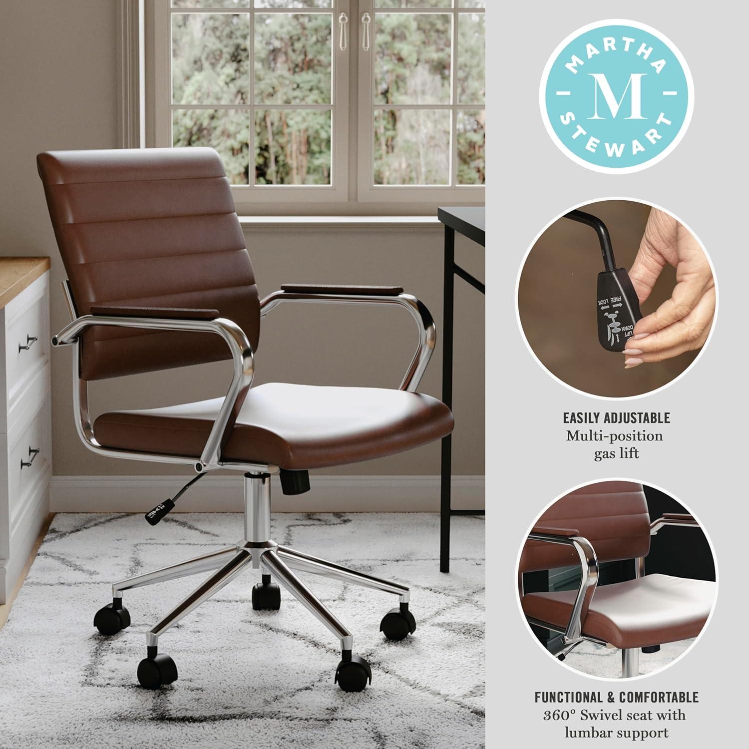 imageMartha Stewart Piper Swivel Task Chair with Armrests for Home Office in Saddle Brown Faux Leather with Polished Nickel FrameSaddle Brown Faux LeatherPolished Nickel