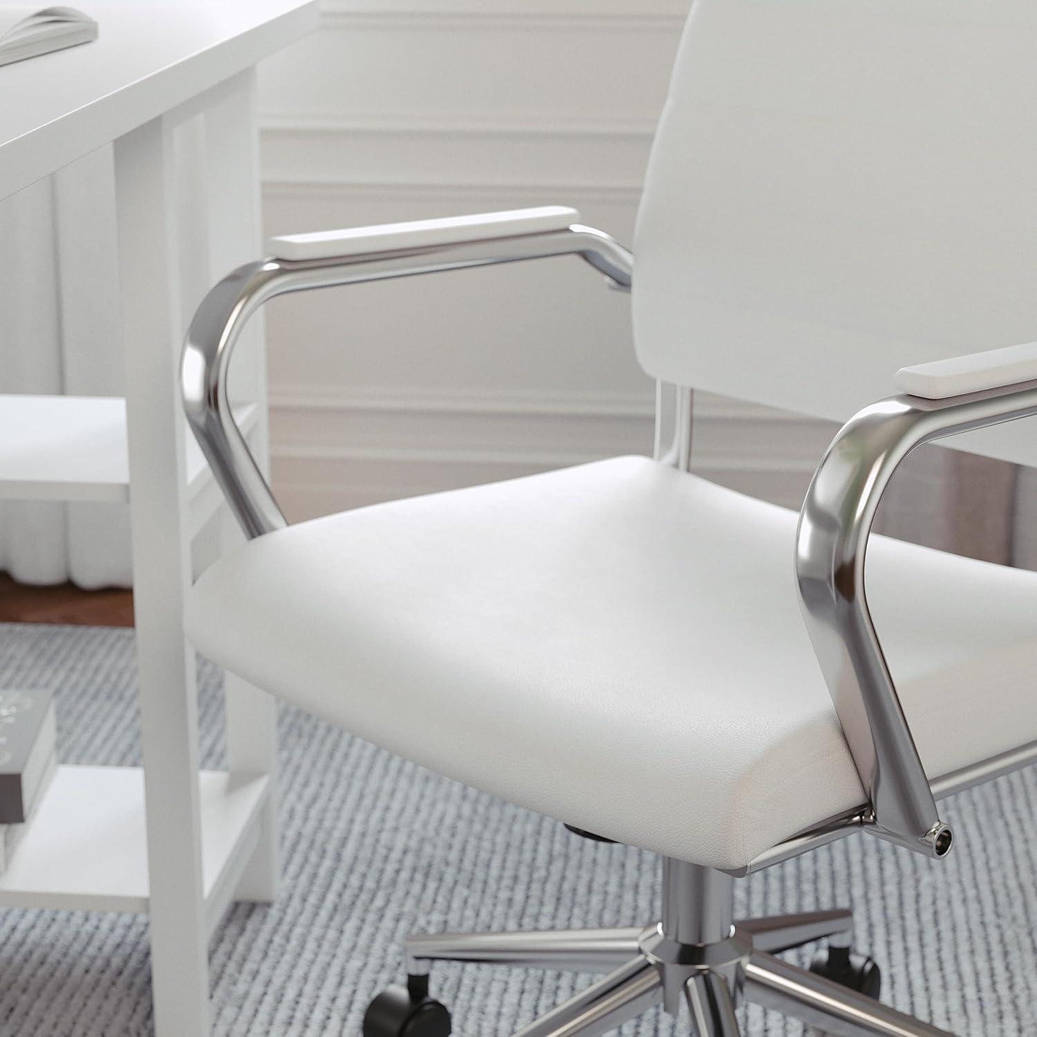 imageMartha Stewart Piper Swivel Task Chair with Armrests for Home Office in Saddle Brown Faux Leather with Polished Nickel FrameWhite Faux LeatherPolished Nickel