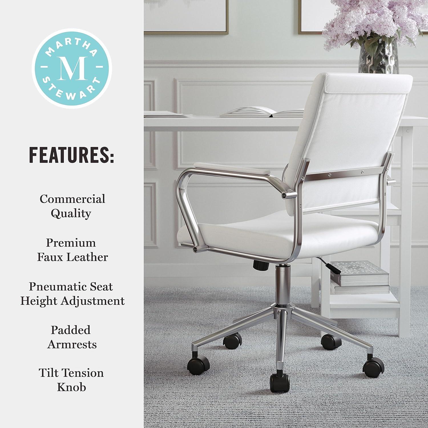 imageMartha Stewart Piper Swivel Task Chair with Armrests for Home Office in Saddle Brown Faux Leather with Polished Nickel FrameWhite Faux LeatherPolished Nickel