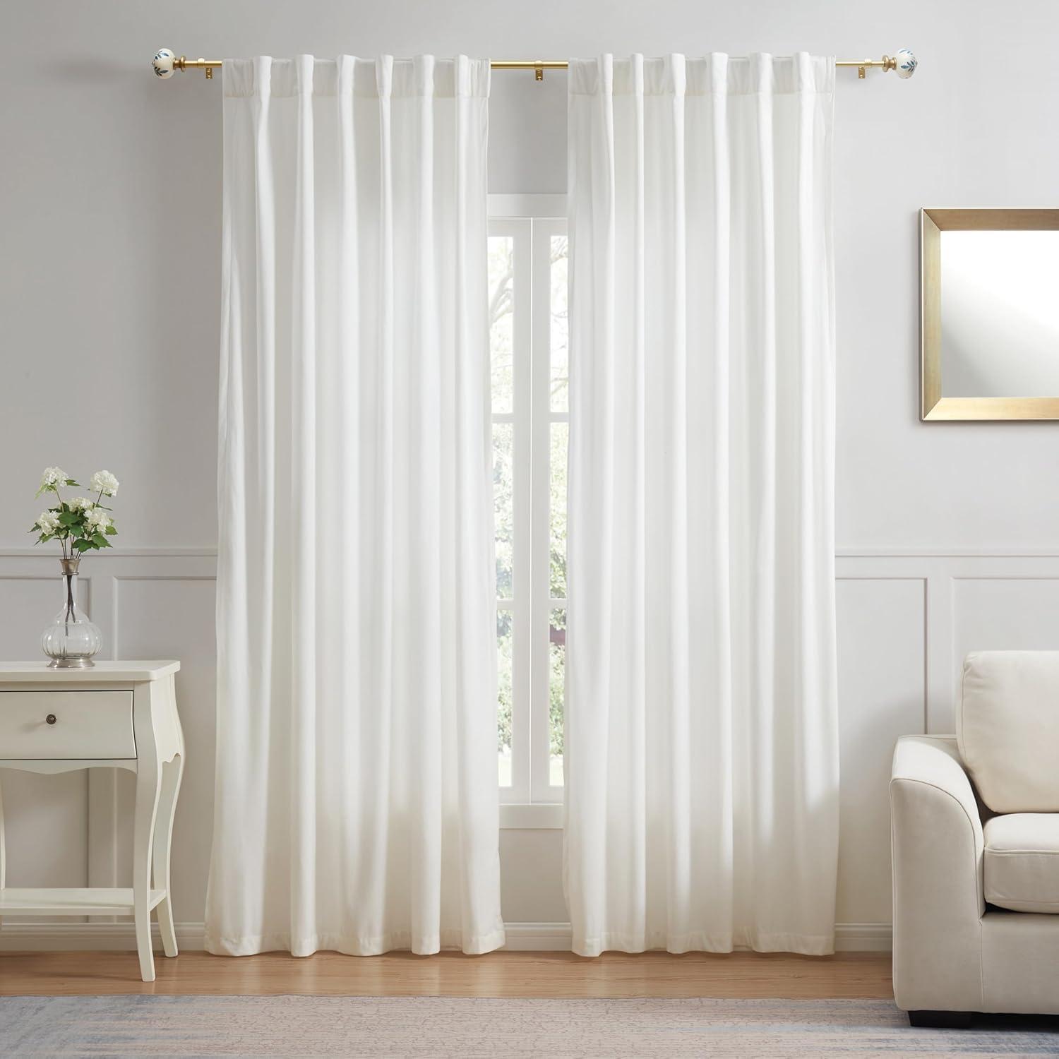 imageMartha Stewart Roseland Curtain Rod Set for Windows 36 66 34 inch Brushed Brass Blue White Finials