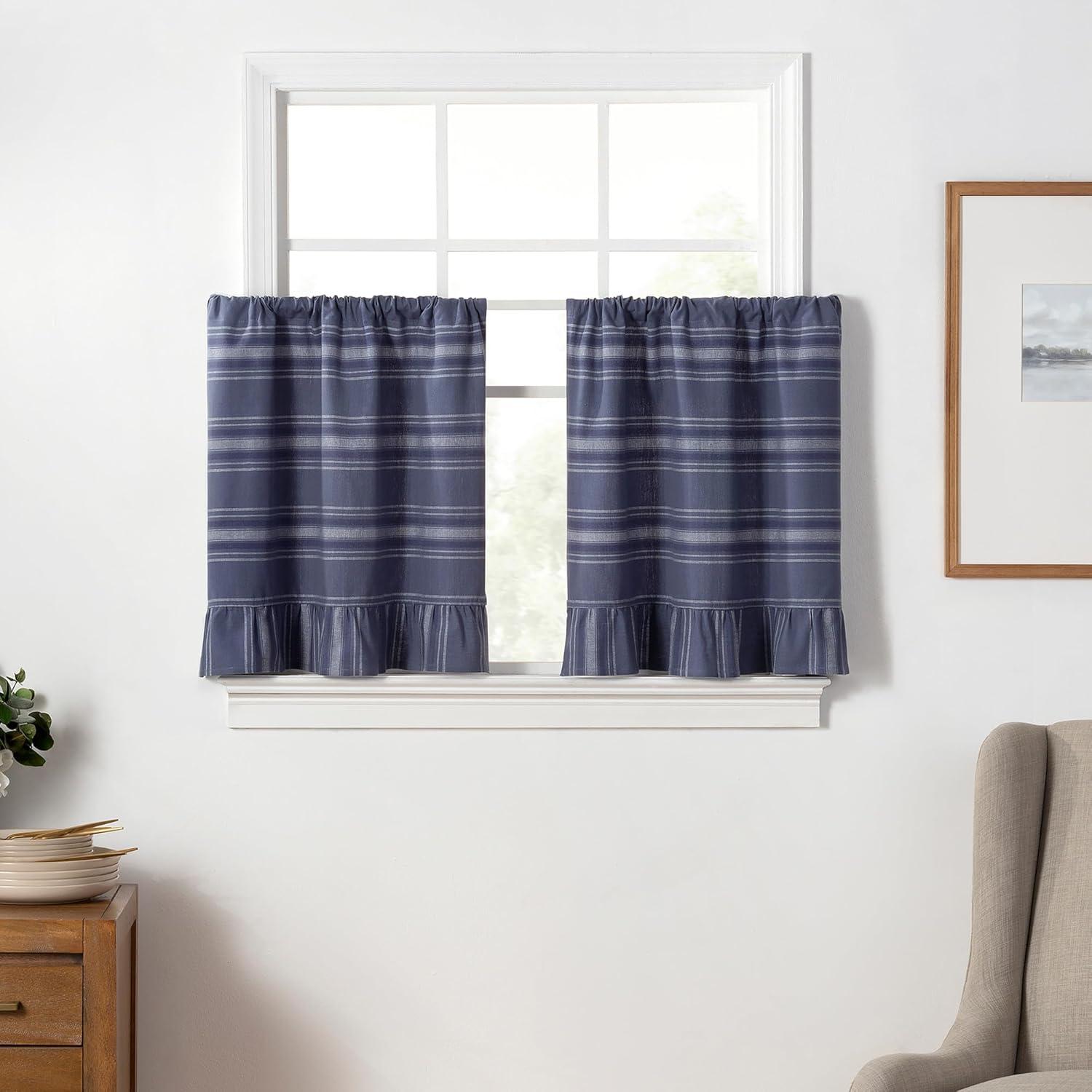 imageMartha Stewart Ruffle Curtains Striped Valance for Window Kitchen Curtain 1 Piece 60 x 14 BlueBlue