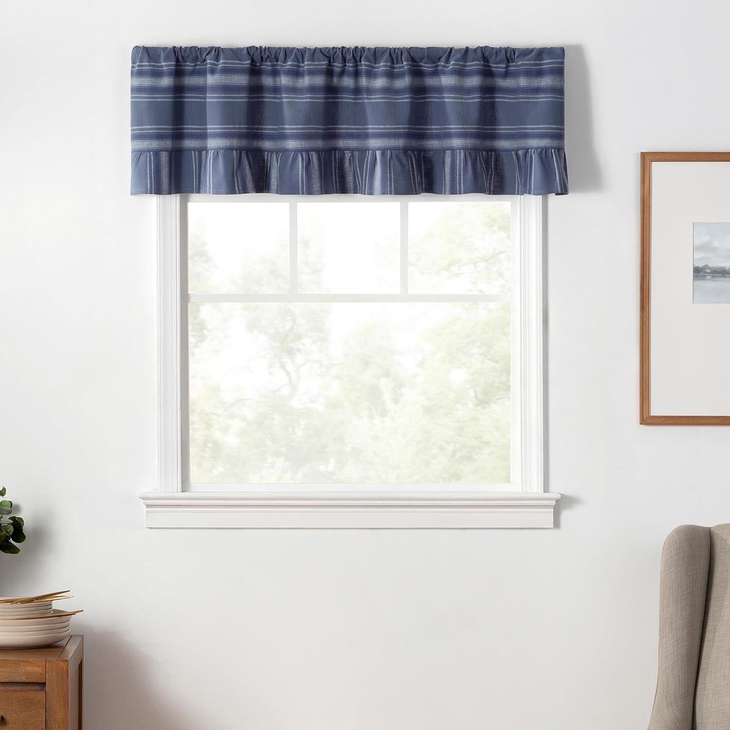 imageMartha Stewart Ruffle Curtains Striped Valance for Window Kitchen Curtain 1 Piece 60 x 14 BlueBlue