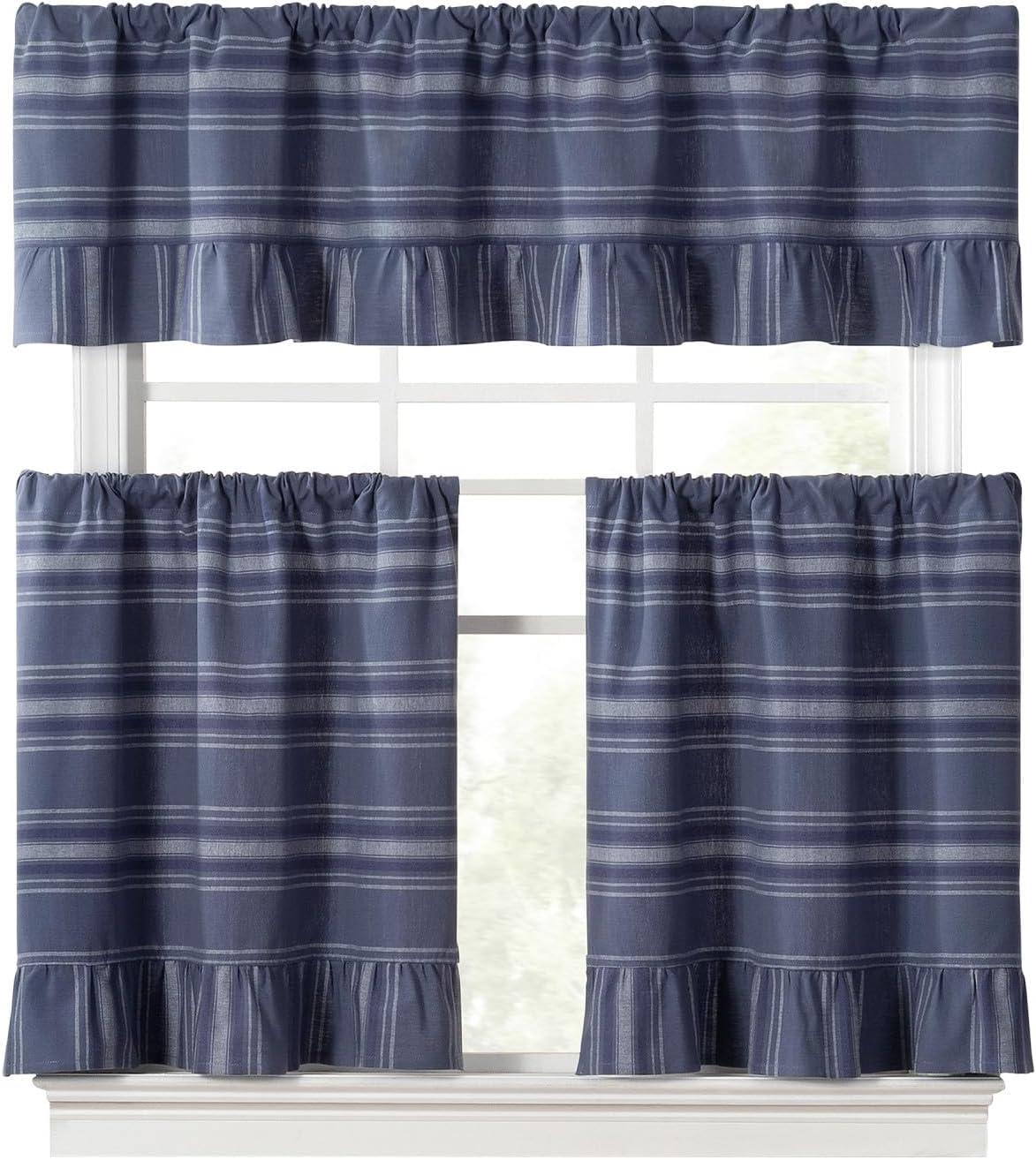 imageMartha Stewart Ruffle Curtains Striped Valance for Window Kitchen Curtain 1 Piece 60 x 14 BlueBlue