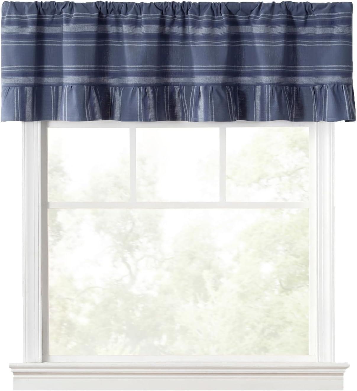 imageMartha Stewart Ruffle Curtains Striped Valance for Window Kitchen Curtain 1 Piece 60 x 14 BlueBlue