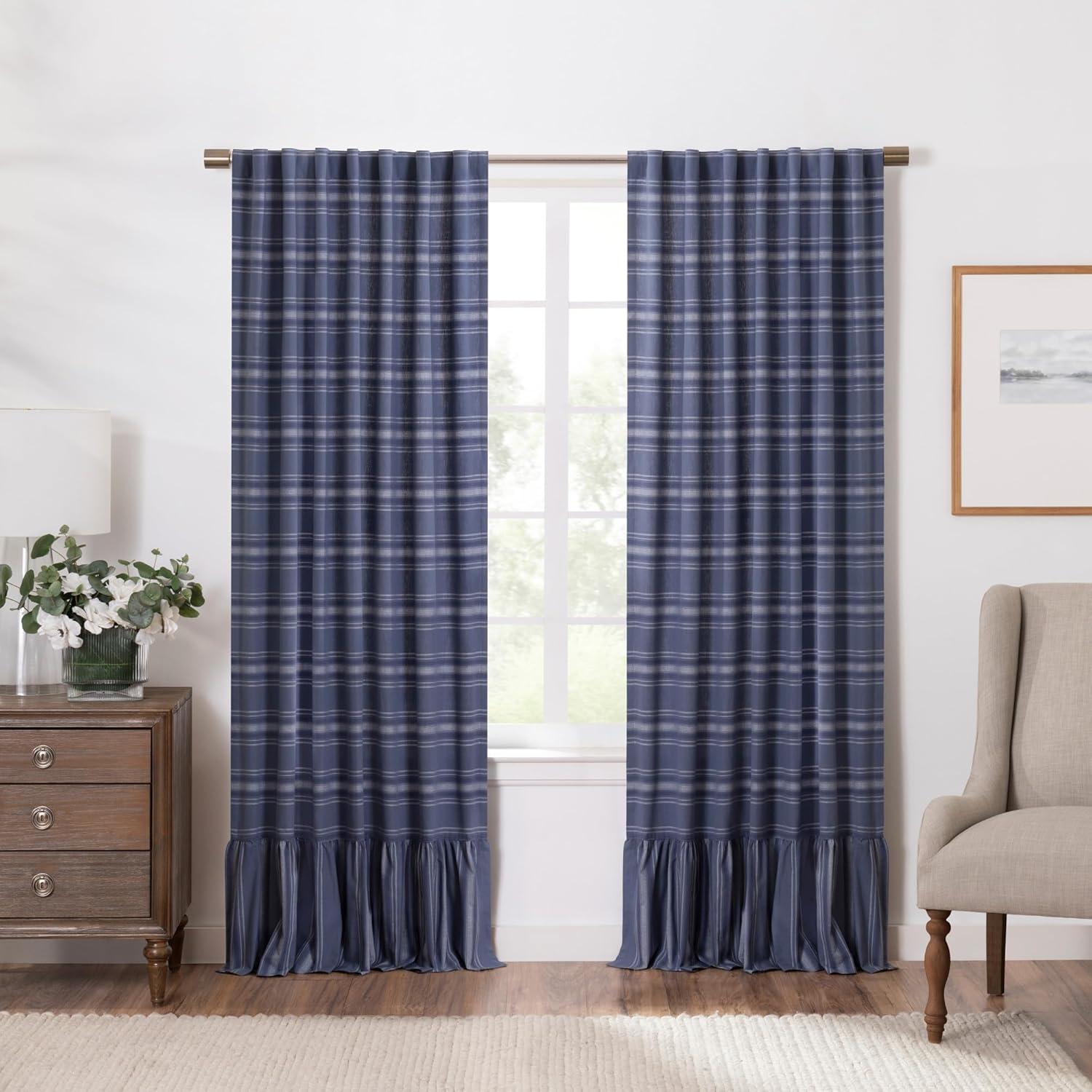 imageMartha Stewart Ruffle Curtains Striped Valance for Window Kitchen Curtain 1 Piece 60 x 14 BlueBlue
