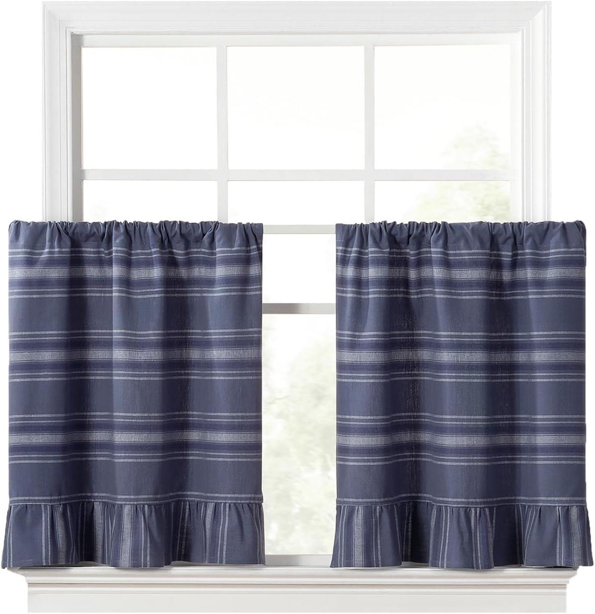 imageMartha Stewart Ruffle Curtains Striped Valance for Window Kitchen Curtain 1 Piece 60 x 14 BlueBlue
