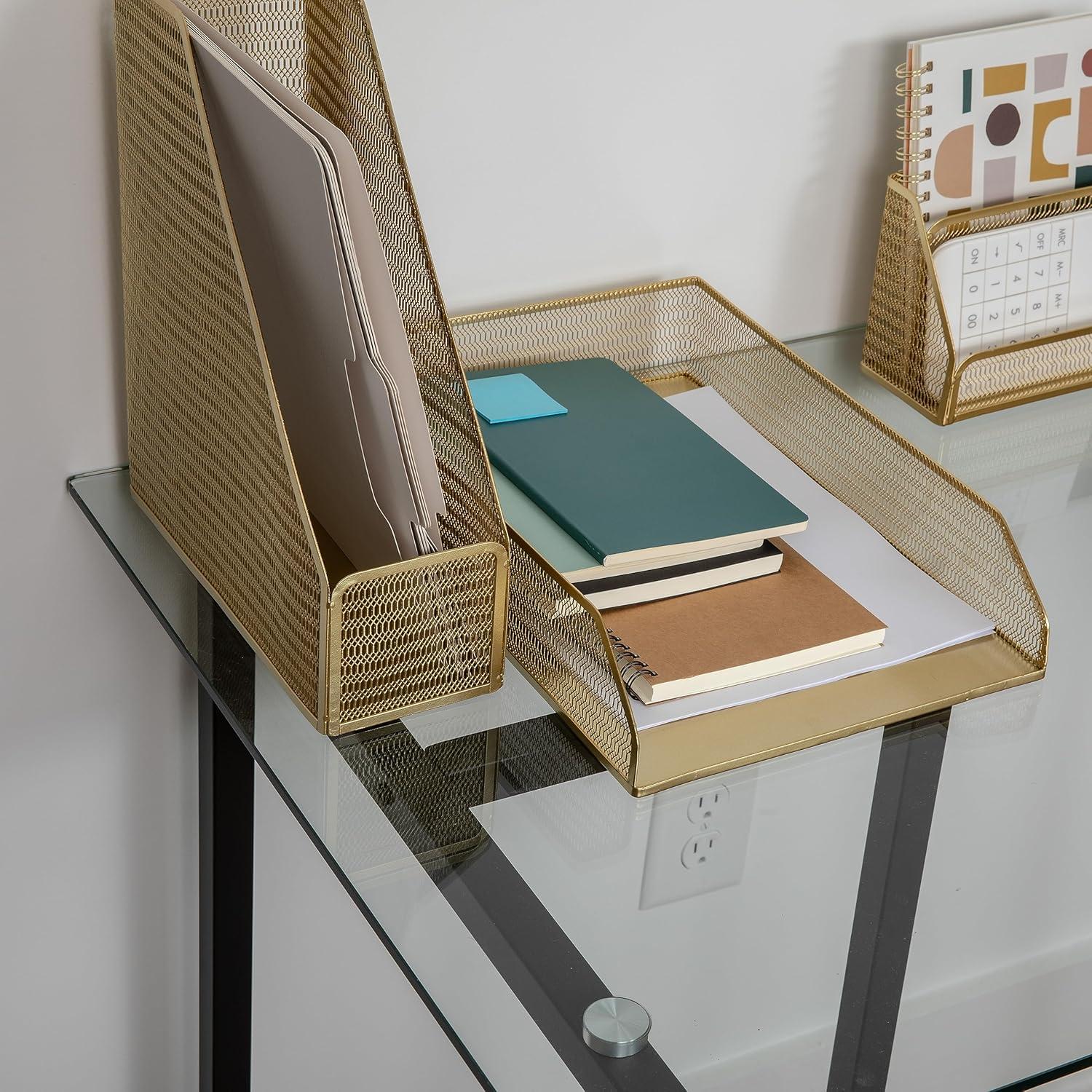 imageMartha Stewart Ryder 2 Pack Gold Mesh Metal Paper Letter Inbox Tray Desktop Organizer