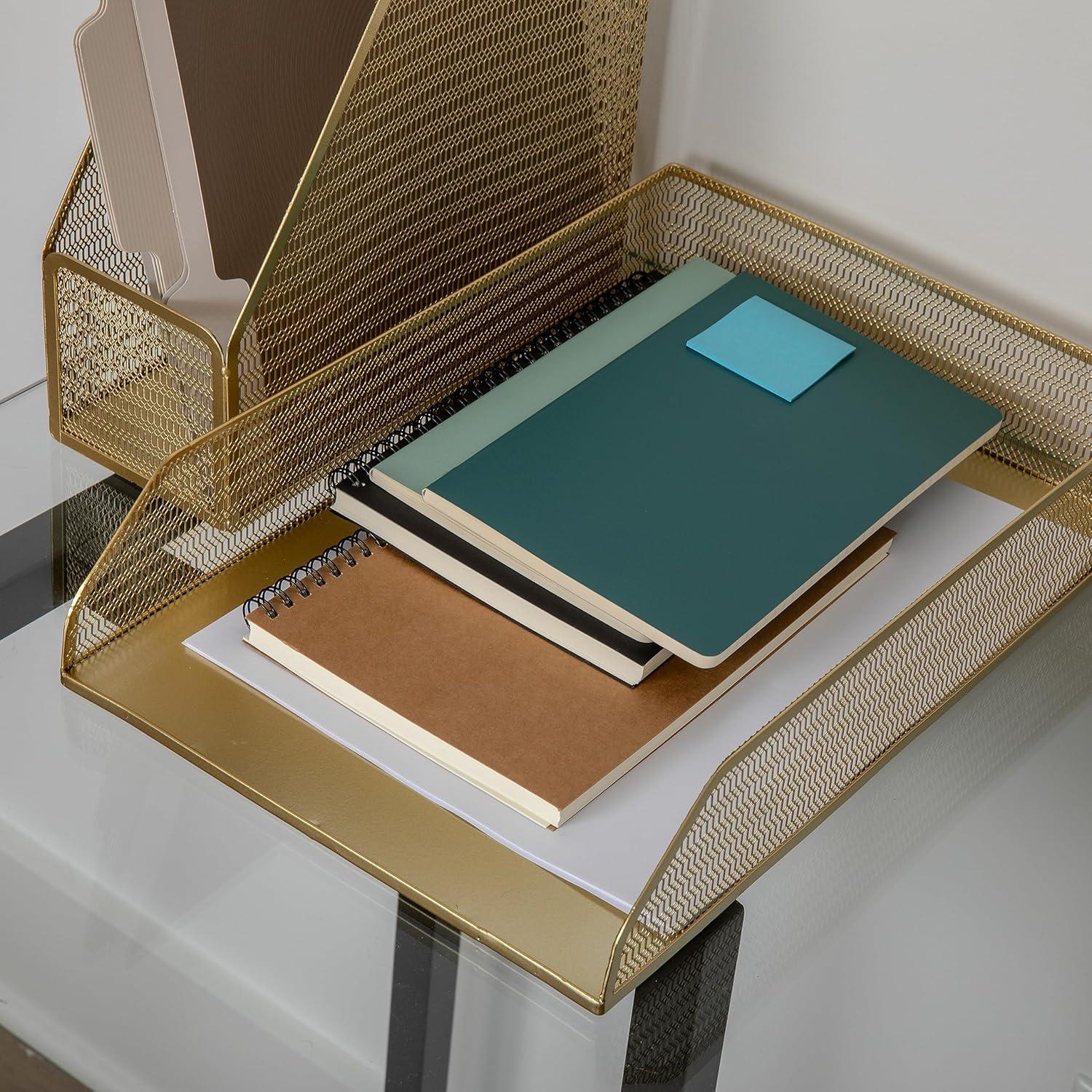 imageMartha Stewart Ryder 2 Pack Gold Mesh Metal Paper Letter Inbox Tray Desktop Organizer