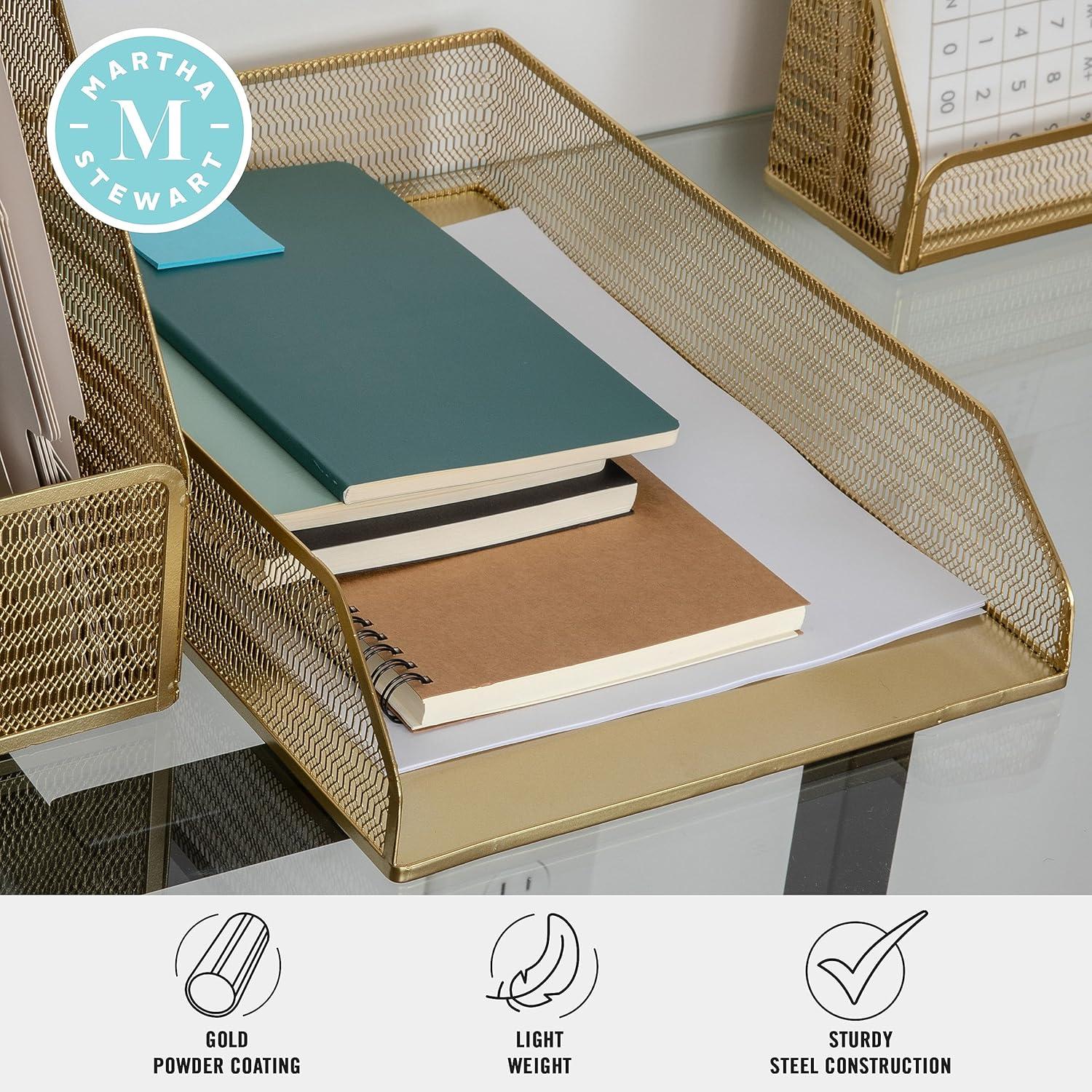 imageMartha Stewart Ryder 2 Pack Gold Mesh Metal Paper Letter Inbox Tray Desktop Organizer