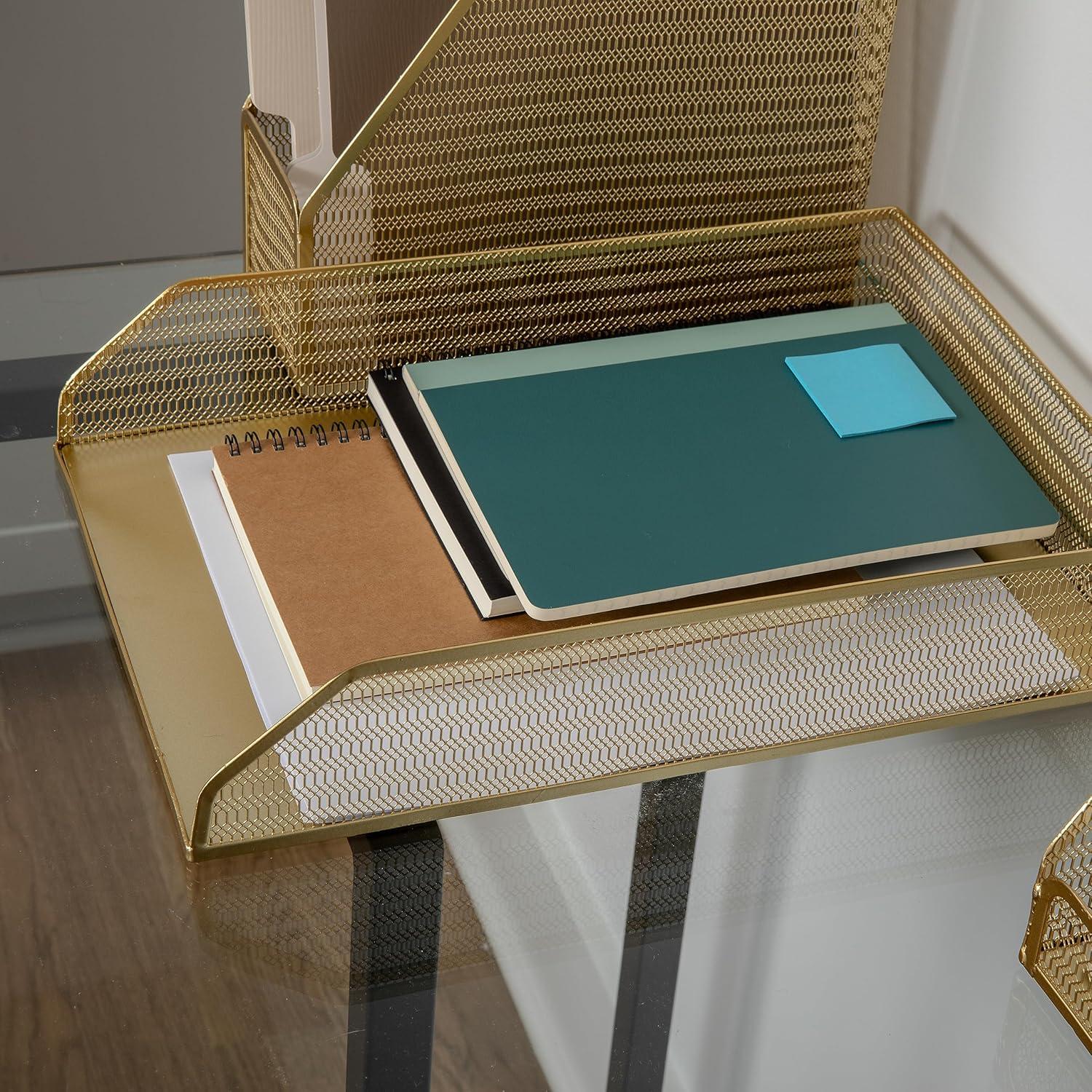 imageMartha Stewart Ryder 2 Pack Gold Mesh Metal Paper Letter Inbox Tray Desktop Organizer