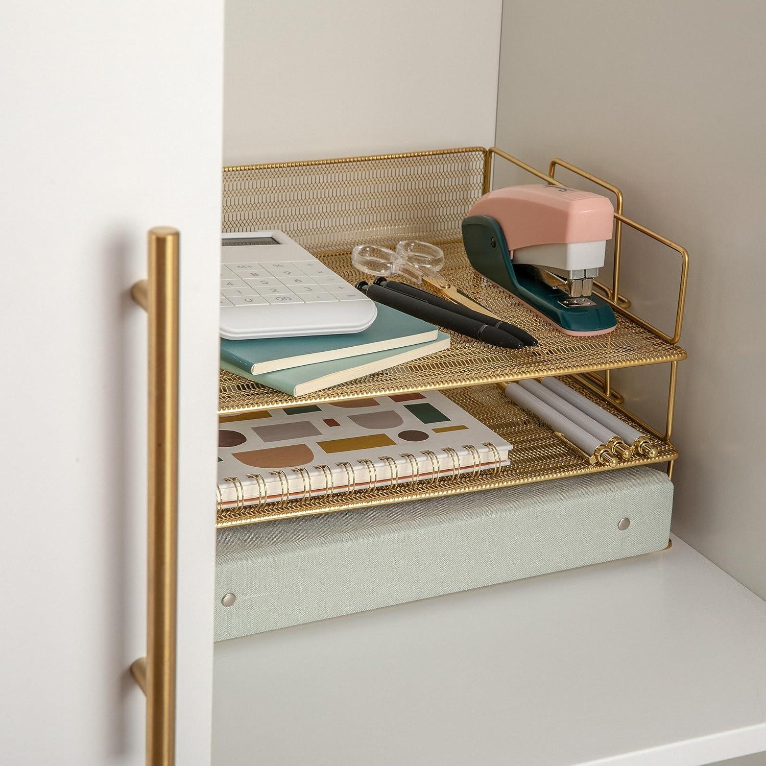 imageMartha Stewart Ryder 3 Tier Desk Letter Tray Organizer Stackable Steel Mesh Inbox Tray for Files Papers or Letters Gold