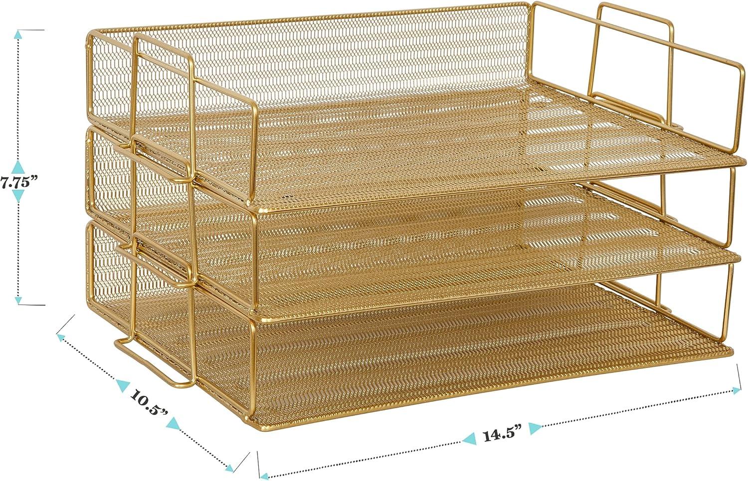 imageMartha Stewart Ryder 3 Tier Desk Letter Tray Organizer Stackable Steel Mesh Inbox Tray for Files Papers or Letters Gold