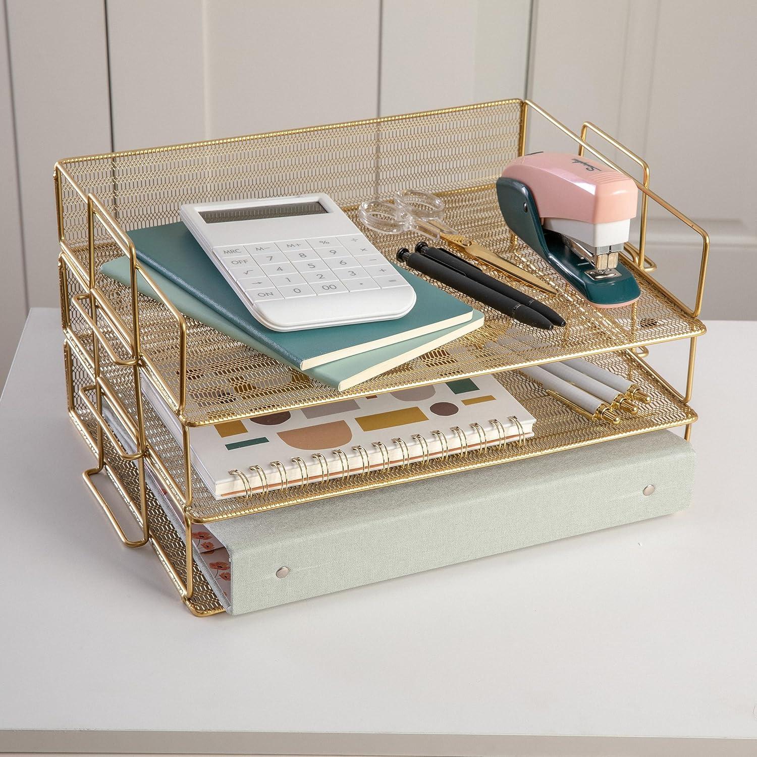 imageMartha Stewart Ryder 3 Tier Desk Letter Tray Organizer Stackable Steel Mesh Inbox Tray for Files Papers or Letters Gold