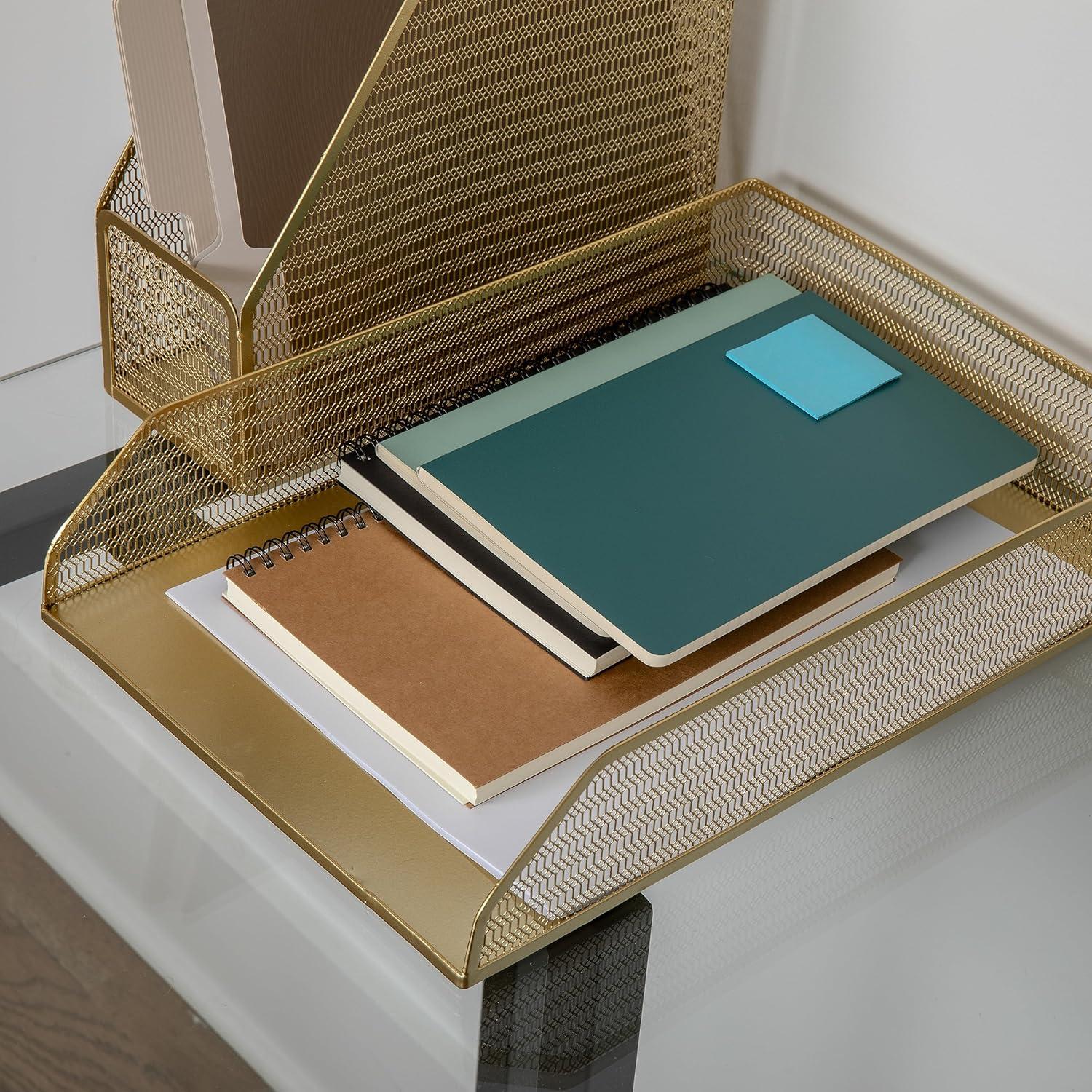 imageMartha Stewart Ryder Gold Mesh Metal 6 Piece Set Desktop Organizers and Accessories Holds Files Magazines Letters Pens Sticky Notes and Business Cards