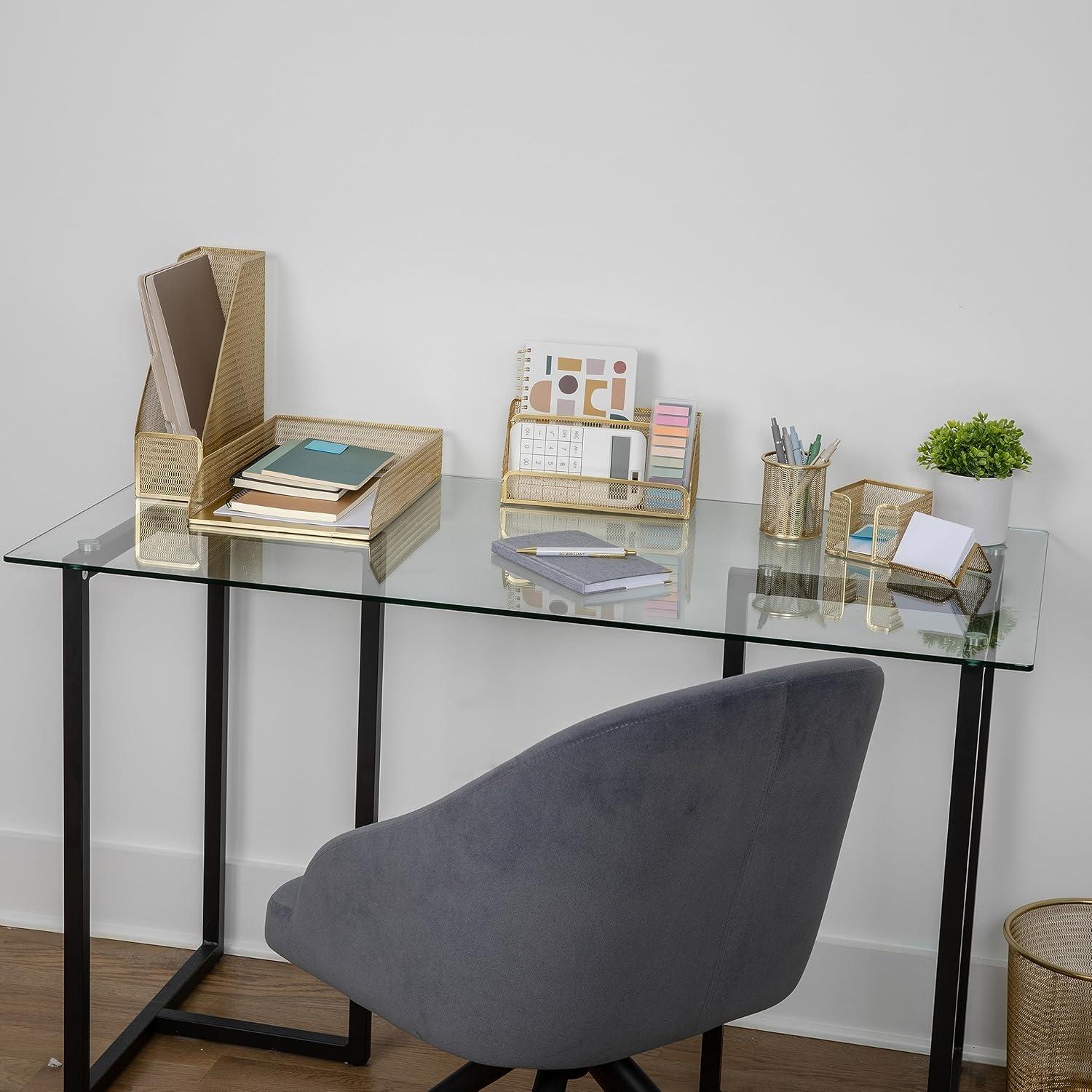 imageMartha Stewart Ryder Gold Mesh Metal 6 Piece Set Desktop Organizers and Accessories Holds Files Magazines Letters Pens Sticky Notes and Business Cards