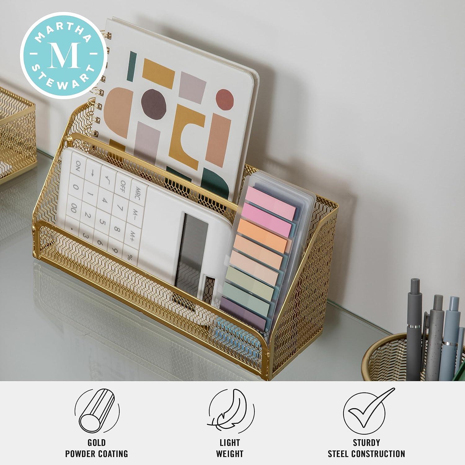 imageMartha Stewart Ryder Gold Mesh Metal 6 Piece Set Desktop Organizers and Accessories Holds Files Magazines Letters Pens Sticky Notes and Business Cards