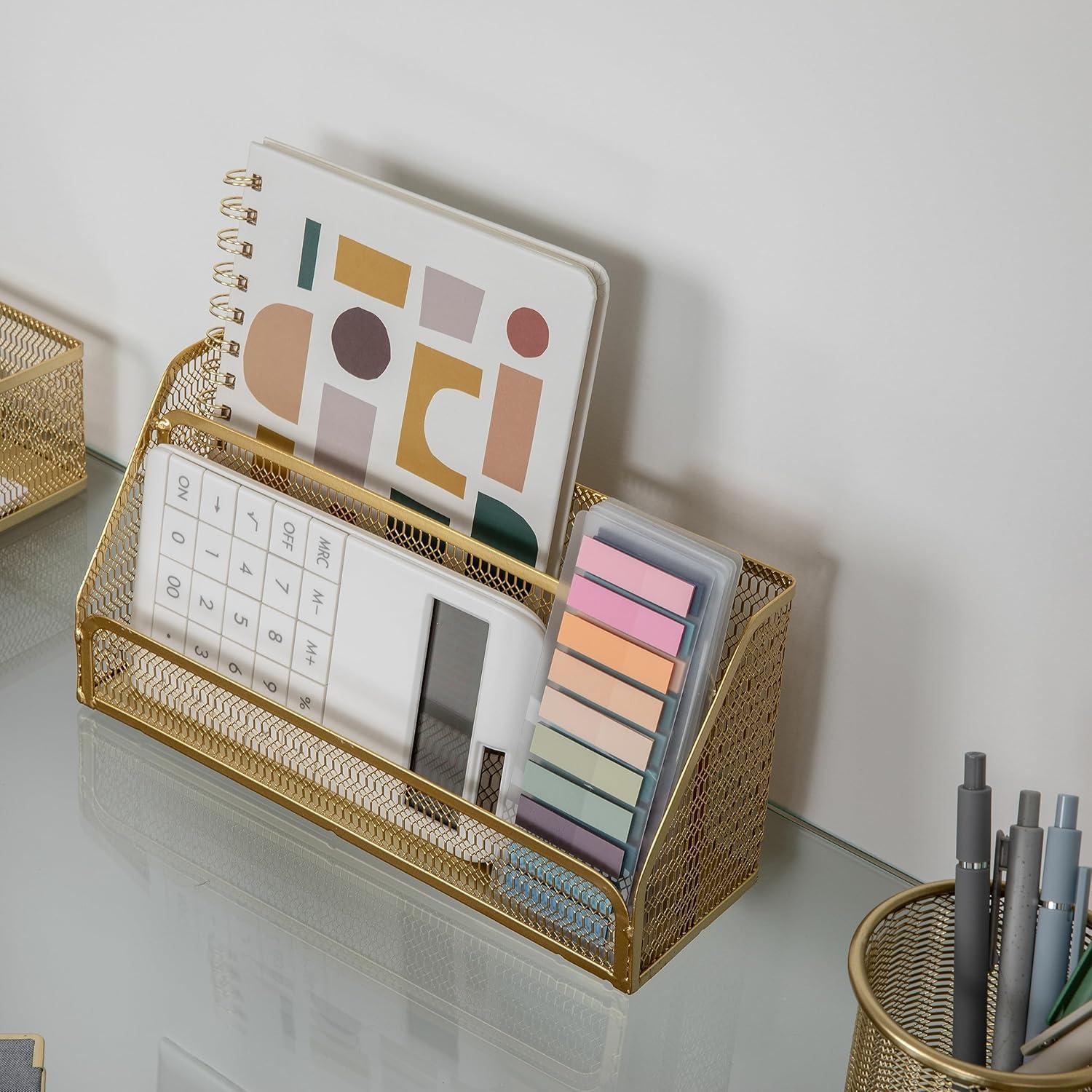 imageMartha Stewart Ryder Gold Mesh Metal 6 Piece Set Desktop Organizers and Accessories Holds Files Magazines Letters Pens Sticky Notes and Business Cards