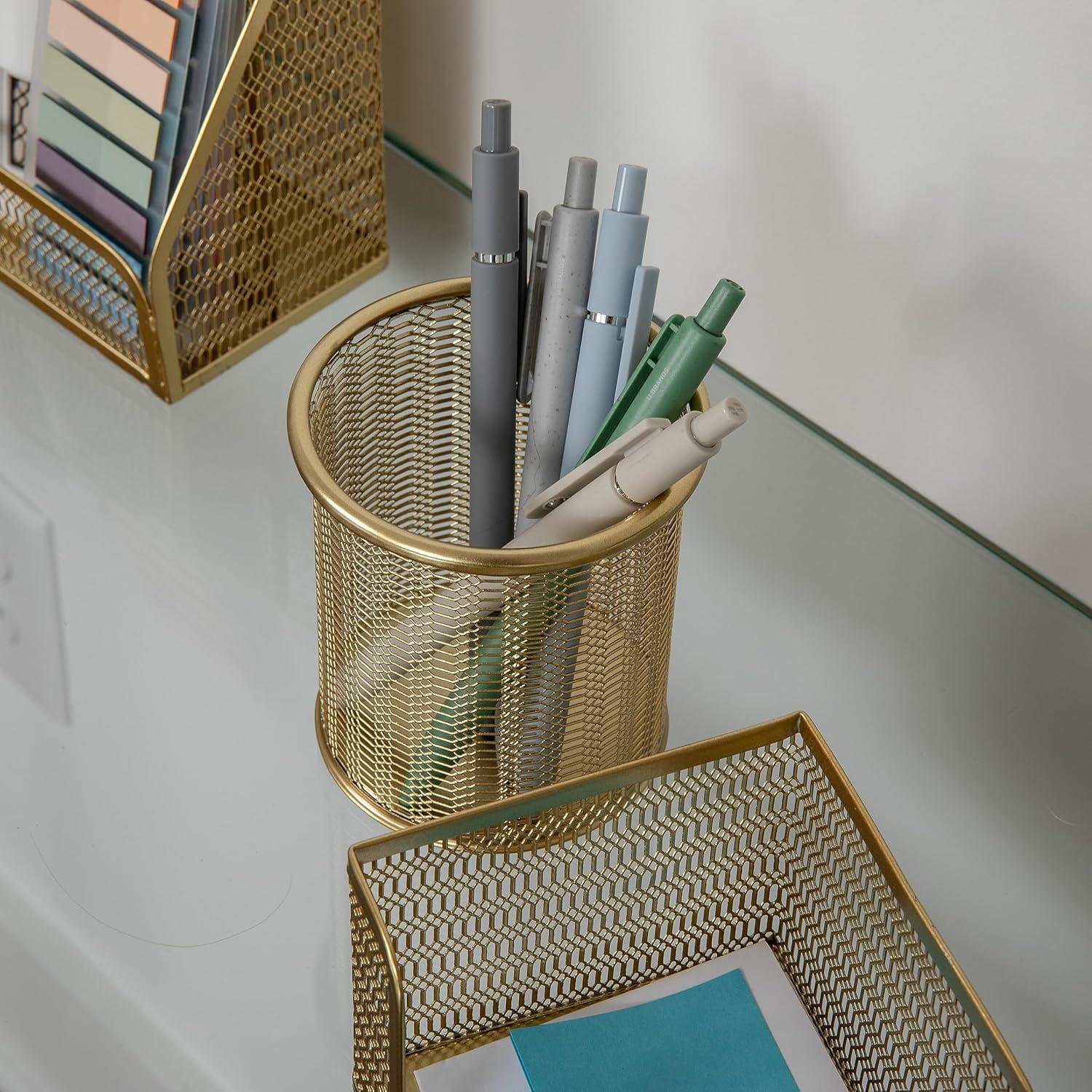 imageMartha Stewart Ryder Gold Mesh Metal 6 Piece Set Desktop Organizers and Accessories Holds Files Magazines Letters Pens Sticky Notes and Business Cards