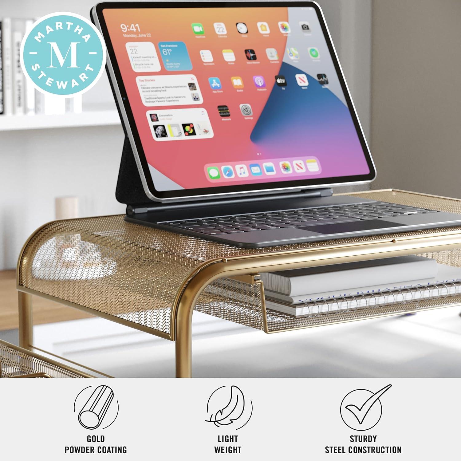 imageMartha Stewart Ryder Gold Mesh Metal Desktop Monitor Stand Riser with Organizer Drawer and Side Storage