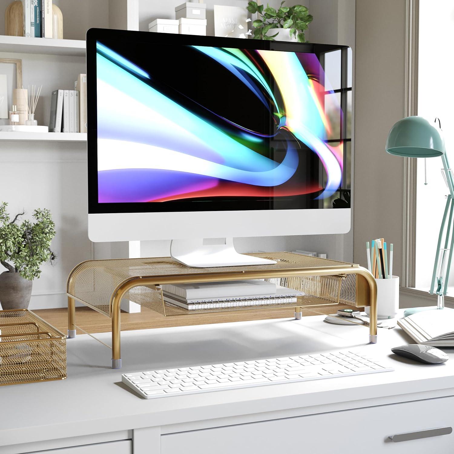 imageMartha Stewart Ryder Gold Mesh Metal Desktop Monitor Stand Riser with Organizer Drawer and Side Storage
