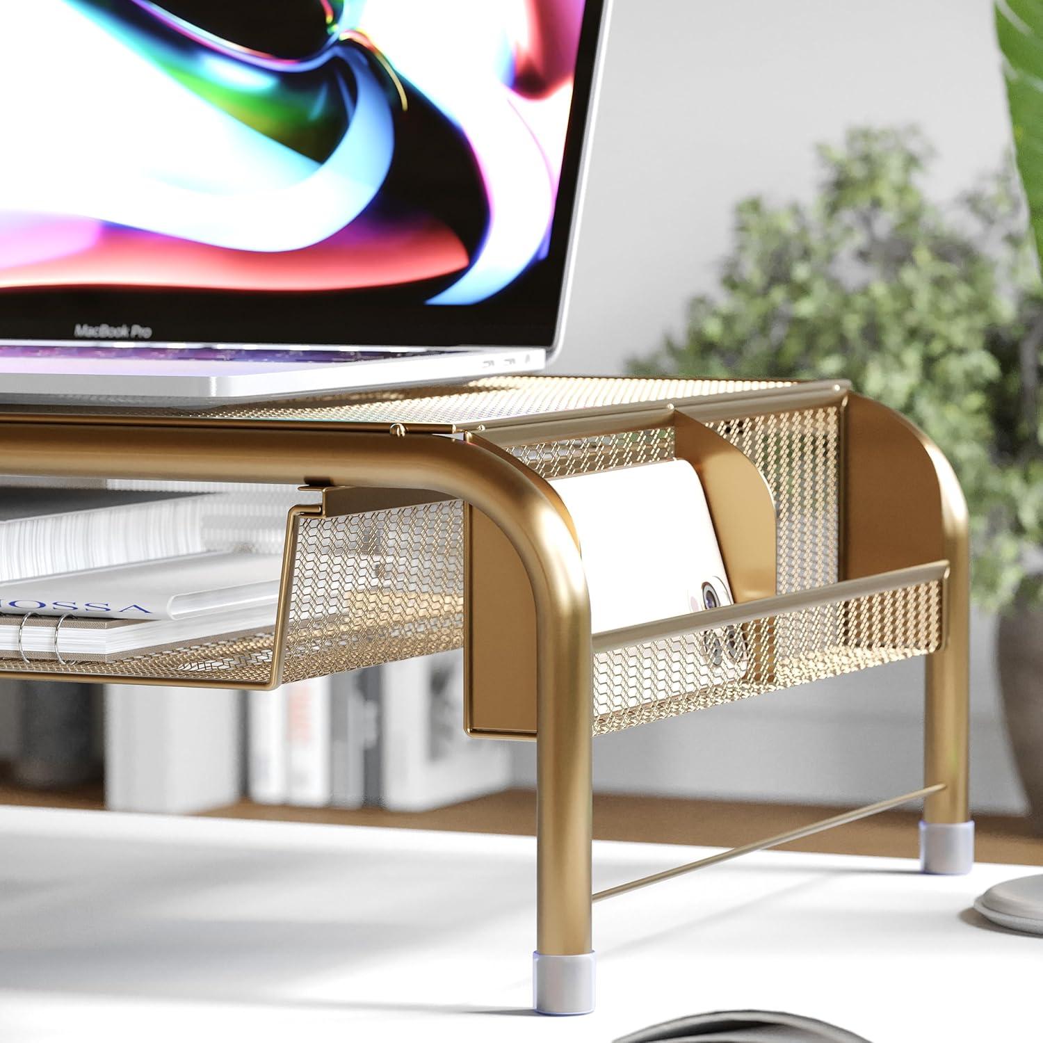 imageMartha Stewart Ryder Gold Mesh Metal Desktop Monitor Stand Riser with Organizer Drawer and Side Storage