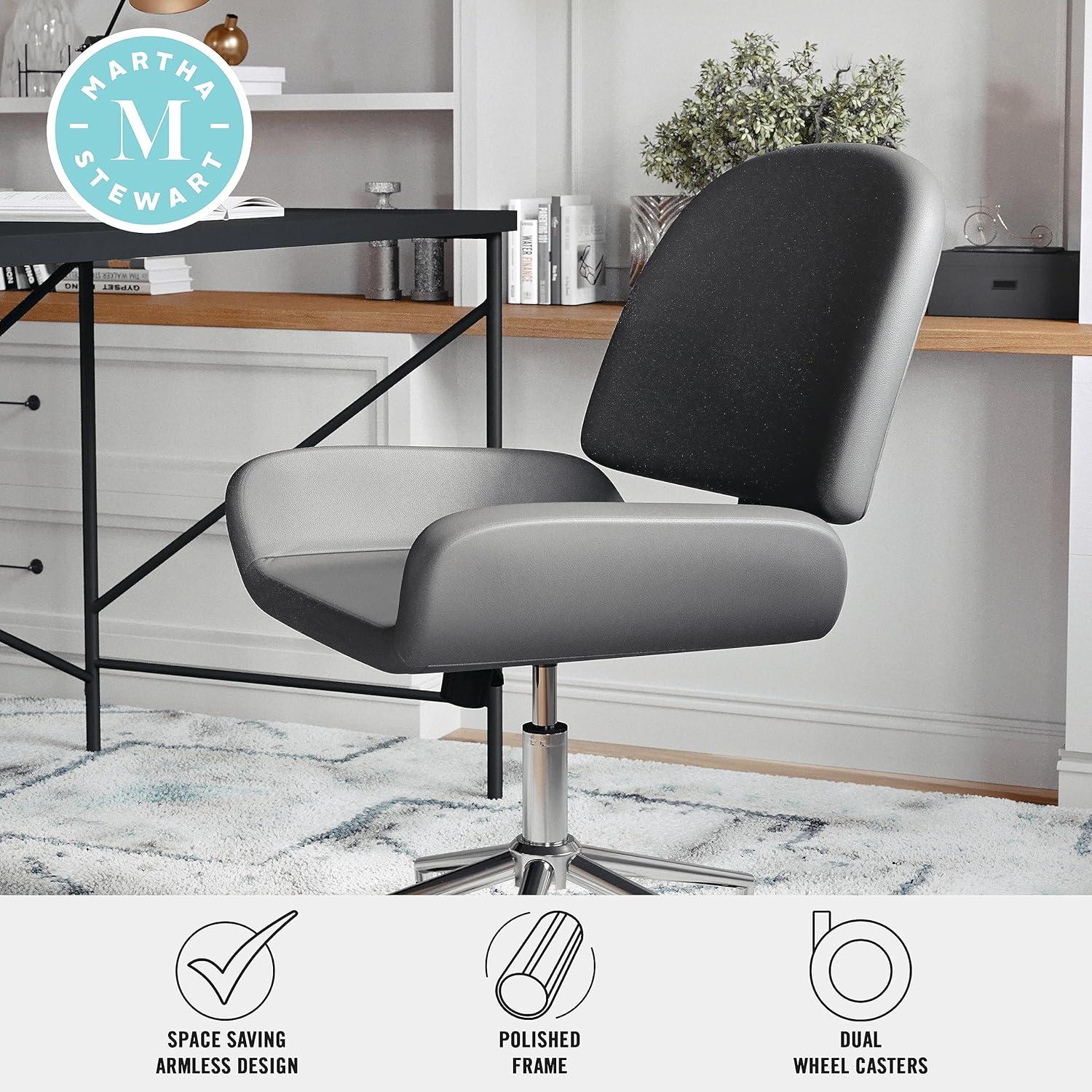 imageMartha Stewart Tyla Armless Swivel Task Chair for Home Office in White Faux Leather with Polished Brass FrameGray Faux LeatherPolished Nickel