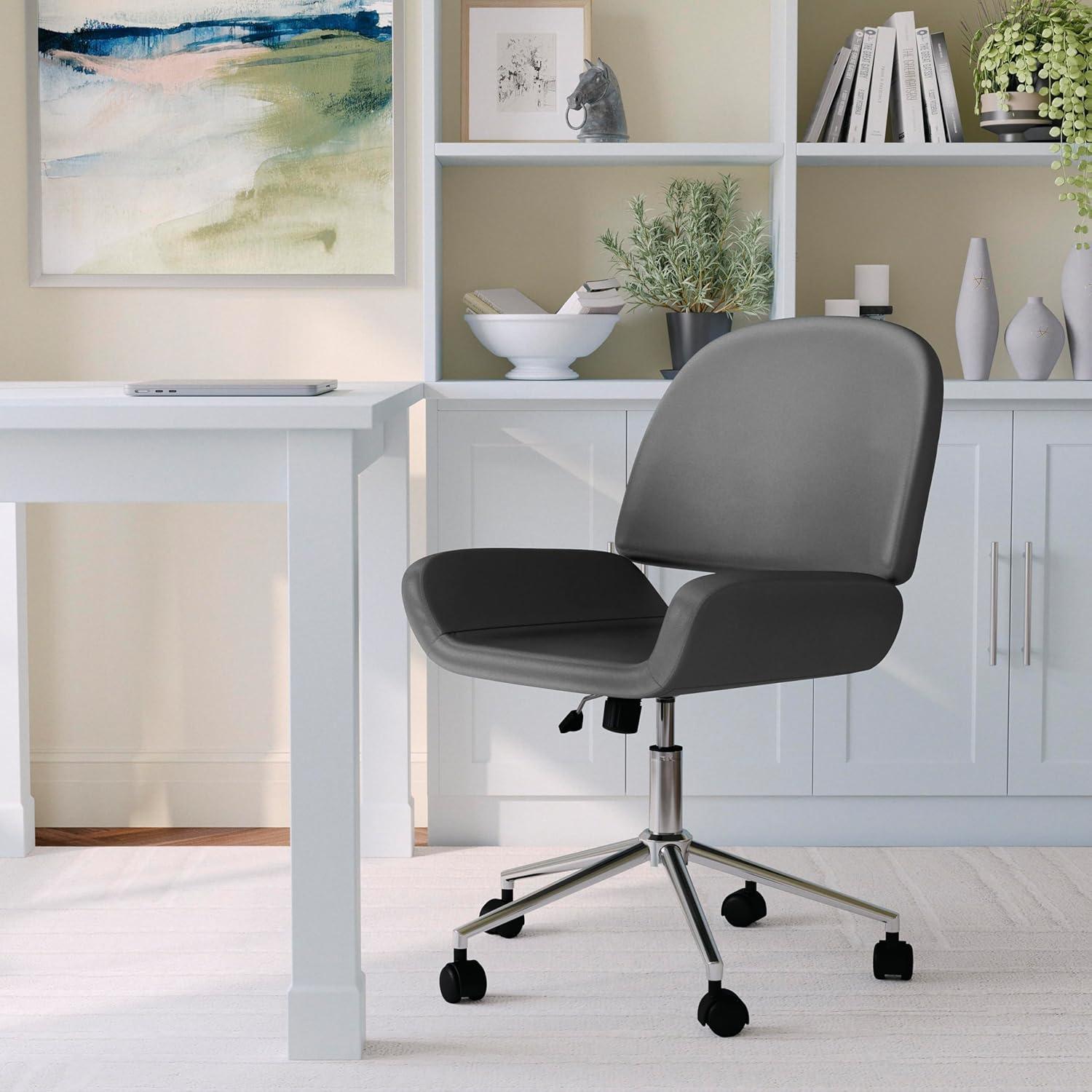 imageMartha Stewart Tyla Armless Swivel Task Chair for Home Office in White Faux Leather with Polished Brass FrameGray Faux LeatherPolished Nickel