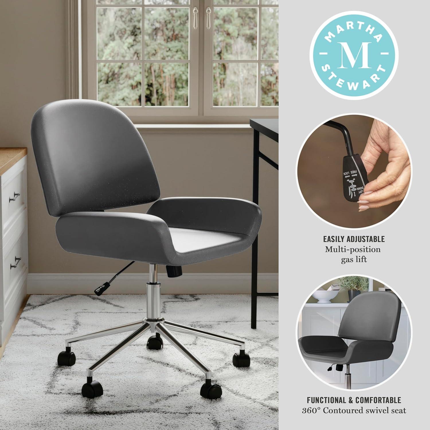 imageMartha Stewart Tyla Armless Swivel Task Chair for Home Office in White Faux Leather with Polished Brass FrameGray Faux LeatherPolished Nickel