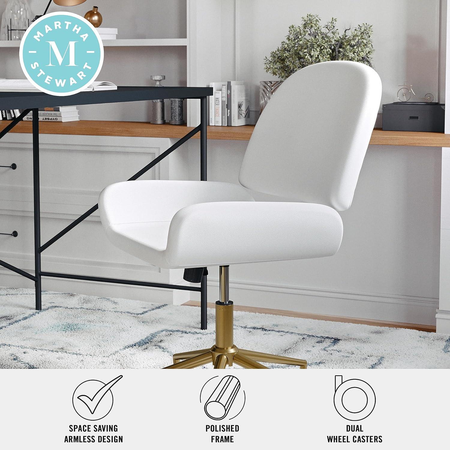 imageMartha Stewart Tyla Armless Swivel Task Chair for Home Office in White Faux Leather with Polished Brass FrameWhite Faux LeatherPolished Brass