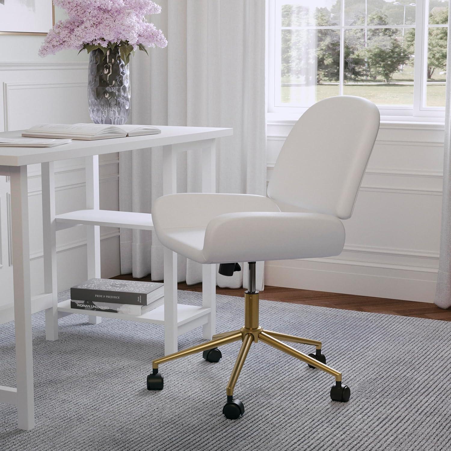 imageMartha Stewart Tyla Armless Swivel Task Chair for Home Office in White Faux Leather with Polished Brass FrameWhite Faux LeatherPolished Brass