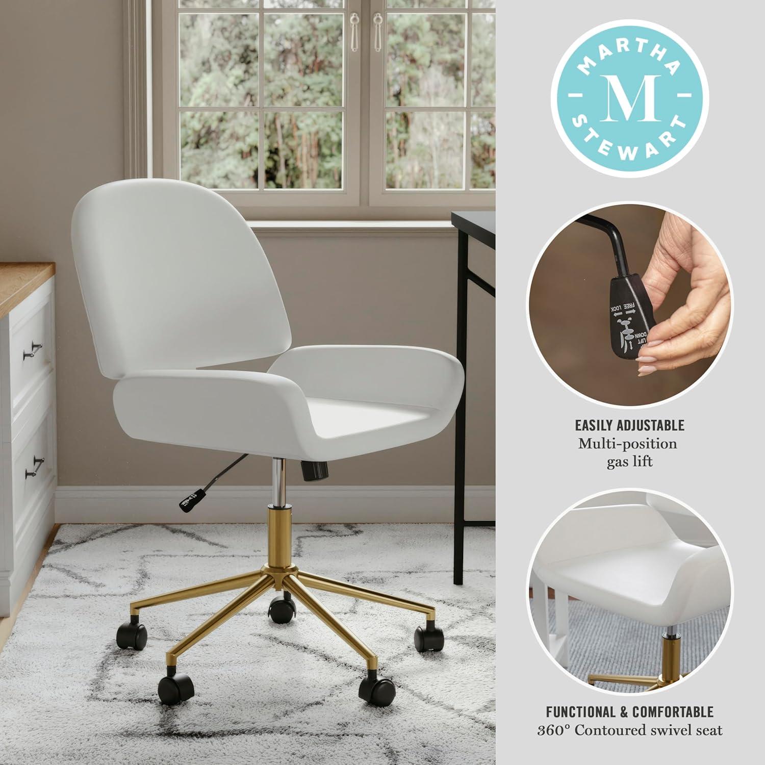 imageMartha Stewart Tyla Armless Swivel Task Chair for Home Office in White Faux Leather with Polished Brass FrameWhite Faux LeatherPolished Brass