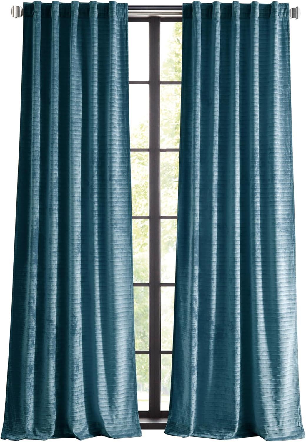 imageMartha Stewart Velvet Curtains Room Darkening Wave Embossed Rod PocketBack Tab Window Curtain Panel Pair 84 Olive GreenBlue