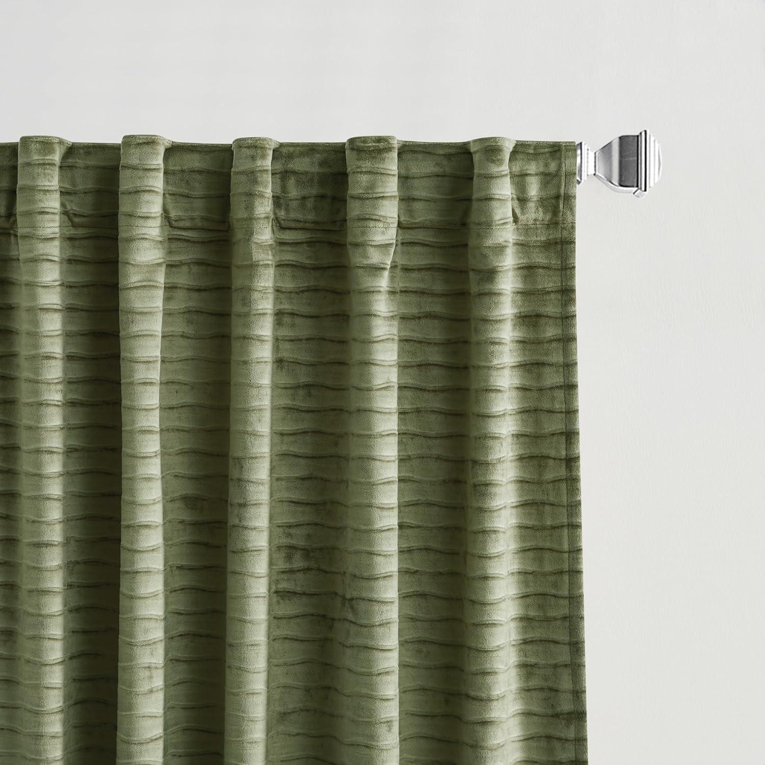 imageMartha Stewart Velvet Curtains Room Darkening Wave Embossed Rod PocketBack Tab Window Curtain Panel Pair 84 Olive GreenOlive