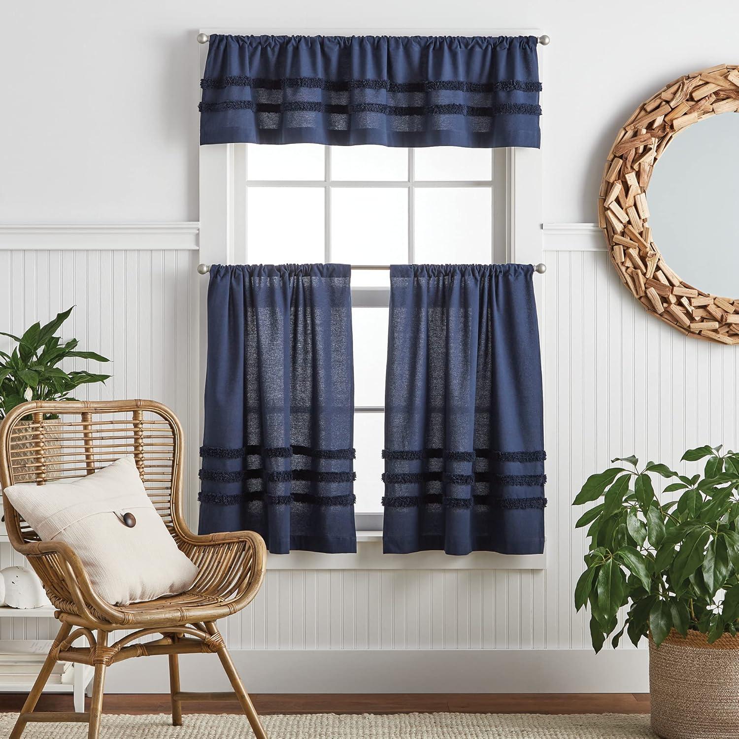 imageMartha Stewart Waters Edge Tufted Rod PocketBack Tab Window Curtain Panel Pair 84 WhiteNavy