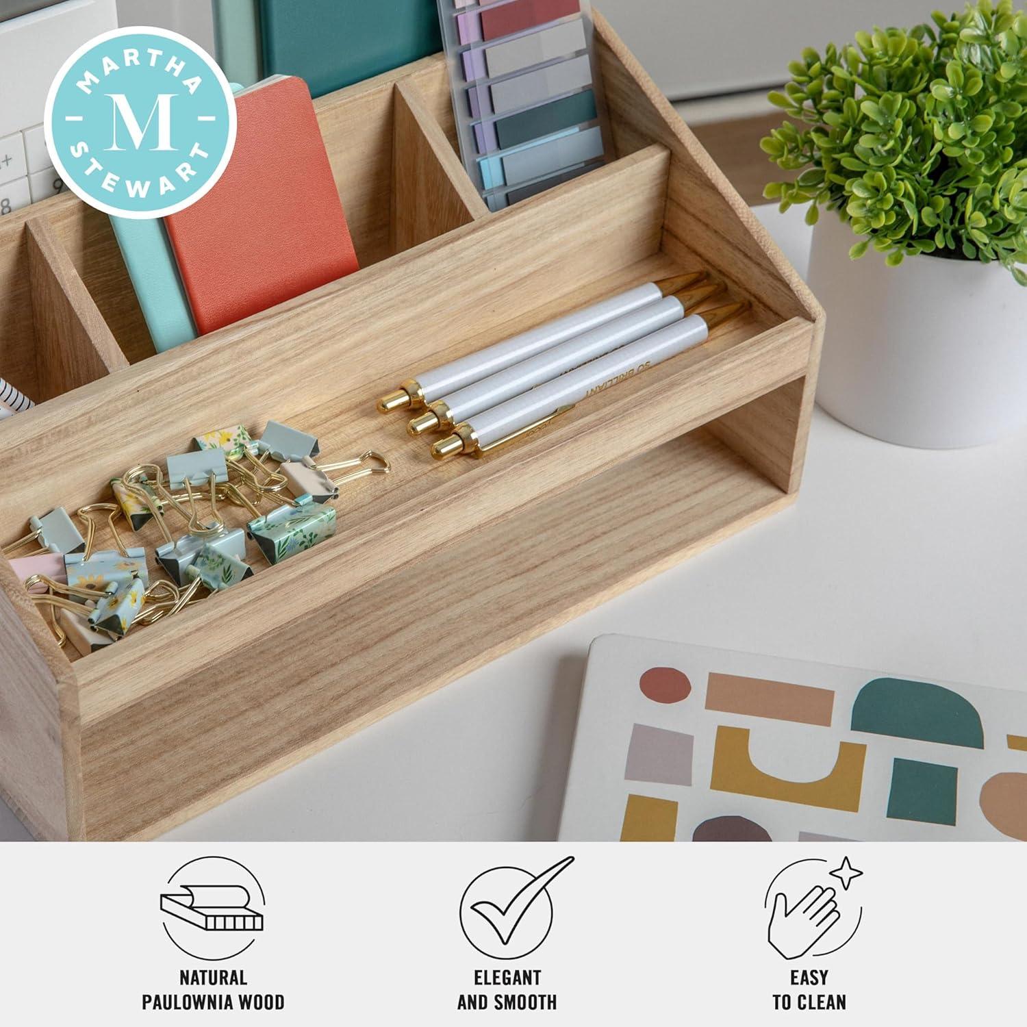 imageMartha Stewart Weston Wooden Desktop Organizer with Open Lower Storage Compartment Engineered Wood Multipurpose Storage Caddy WhiteLight Natural
