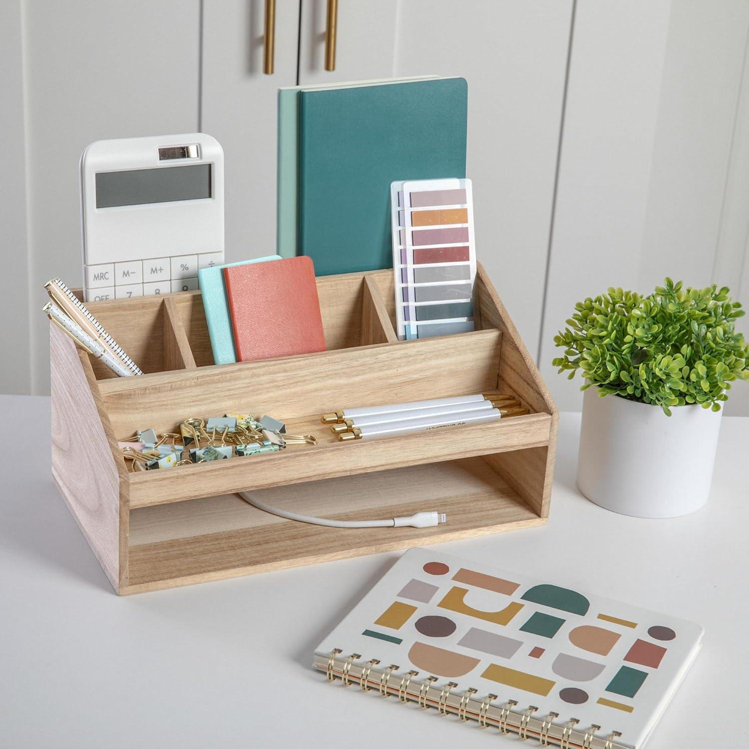 imageMartha Stewart Weston Wooden Desktop Organizer with Open Lower Storage Compartment Engineered Wood Multipurpose Storage Caddy WhiteLight Natural