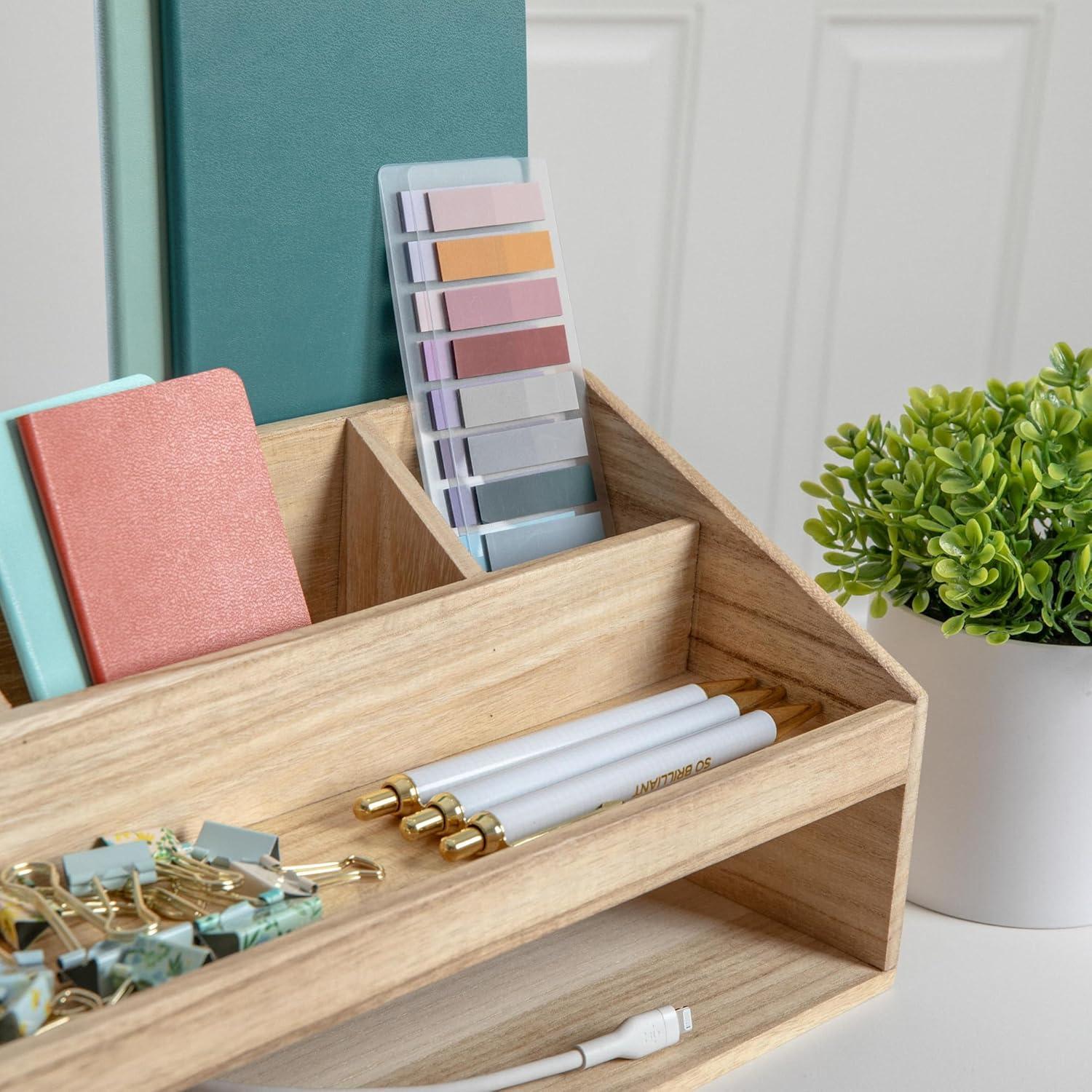 imageMartha Stewart Weston Wooden Desktop Organizer with Open Lower Storage Compartment Engineered Wood Multipurpose Storage Caddy WhiteLight Natural