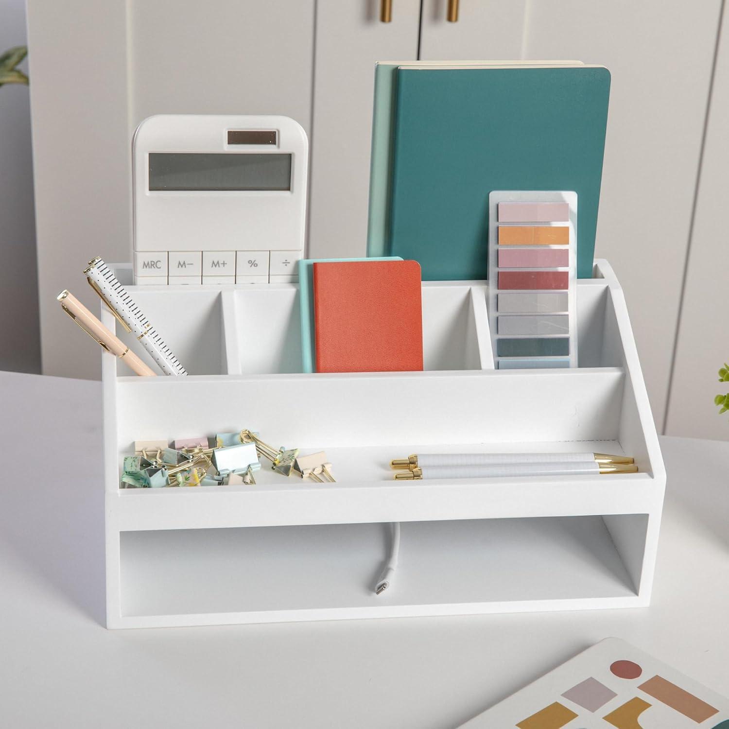 imageMartha Stewart Weston Wooden Desktop Organizer with Open Lower Storage Compartment Engineered Wood Multipurpose Storage Caddy WhiteWhite