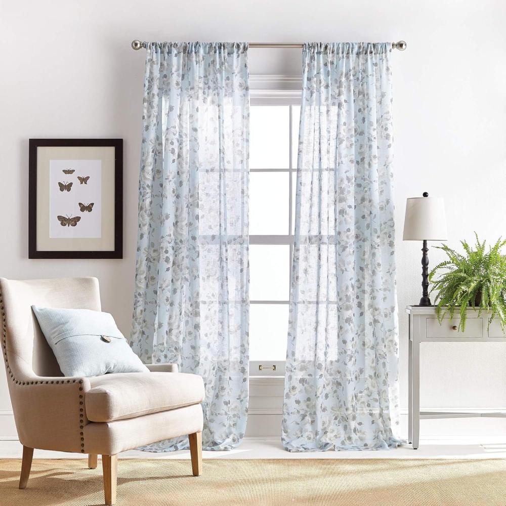 imageMartha Stewart Annabelle Floral Sheer Rod Pocket Single Curtain Panel 84 LinenAqua
