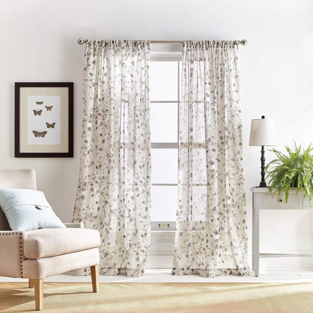 imageMartha Stewart Annabelle Floral Sheer Rod Pocket Single Curtain Panel 84 LinenLinen