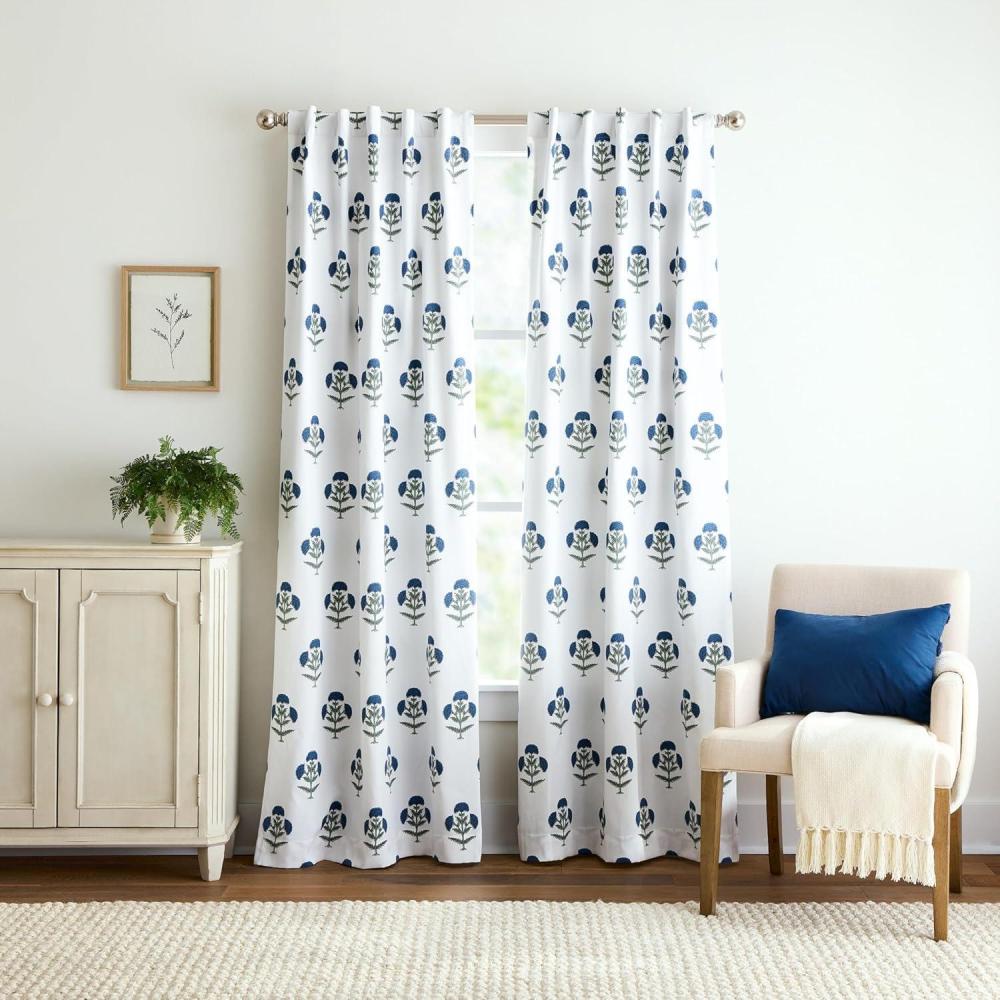 imageMartha Stewart Blue and White Floral Blackout Window Curtains for Living Room or Bedroom 37 x 84 Set of 2 Block Print FlowersBlue